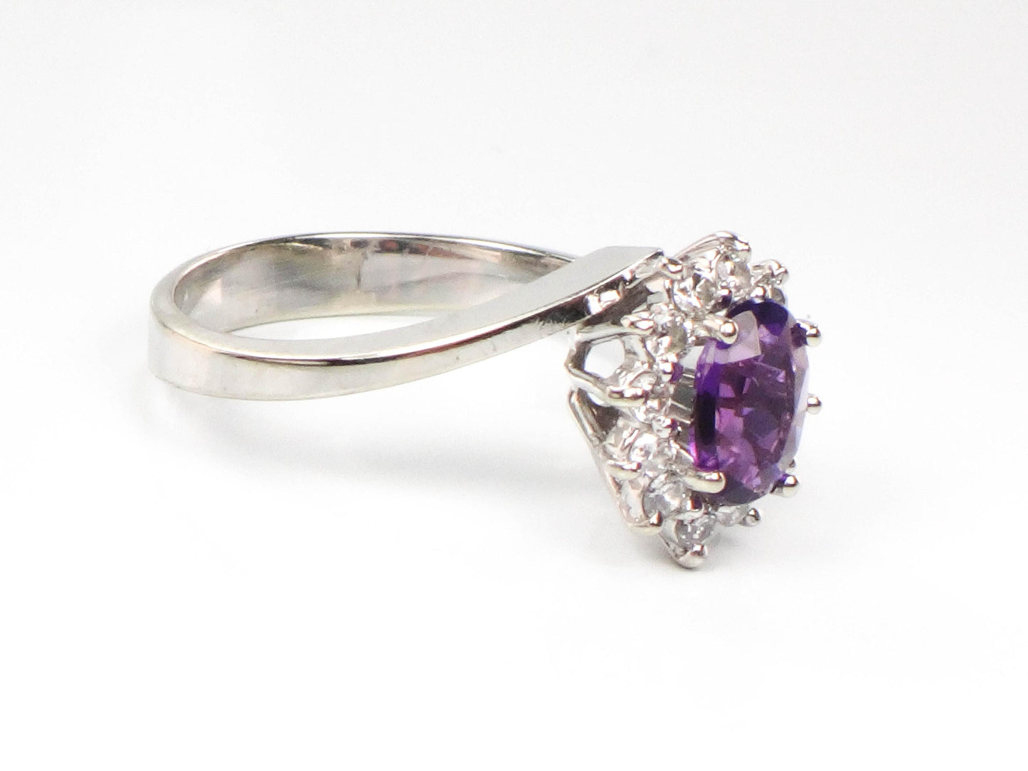 Vintage 14k White Gold Natural Amethyst and Diamond Halo Ring, Purple February Birthstone Ring, Size 7