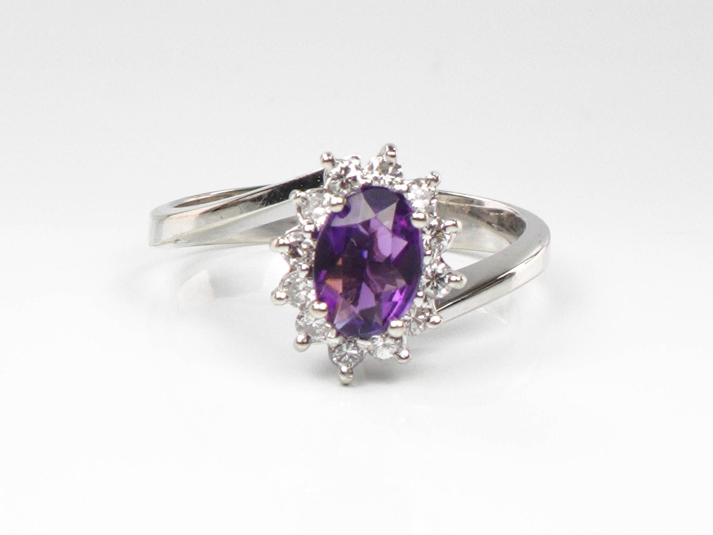 Vintage 14k White Gold Natural Amethyst and Diamond Halo Ring, Purple February Birthstone Ring, Size 7
