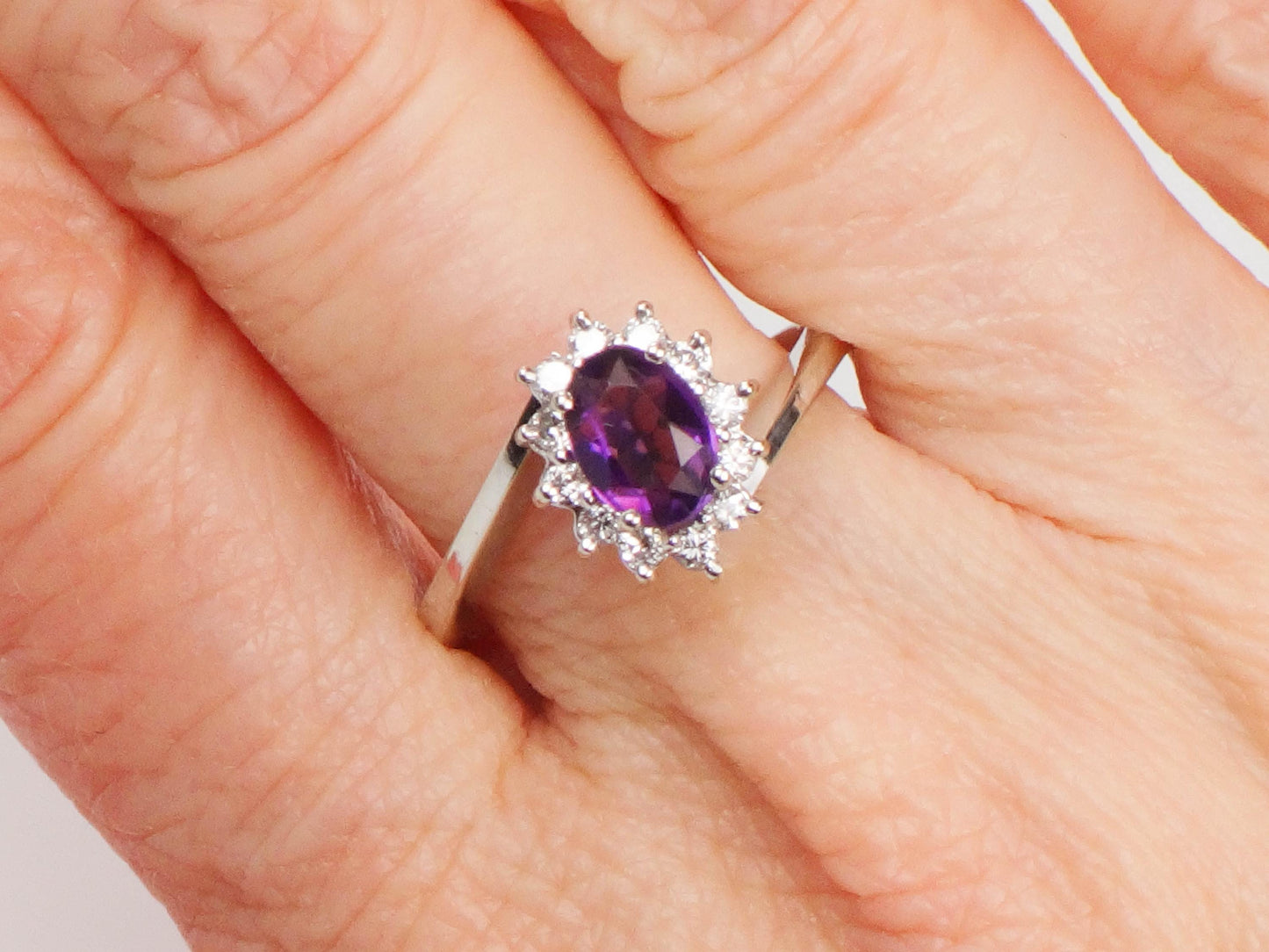 Vintage 14k White Gold Natural Amethyst and Diamond Halo Ring, Purple February Birthstone Ring, Size 7