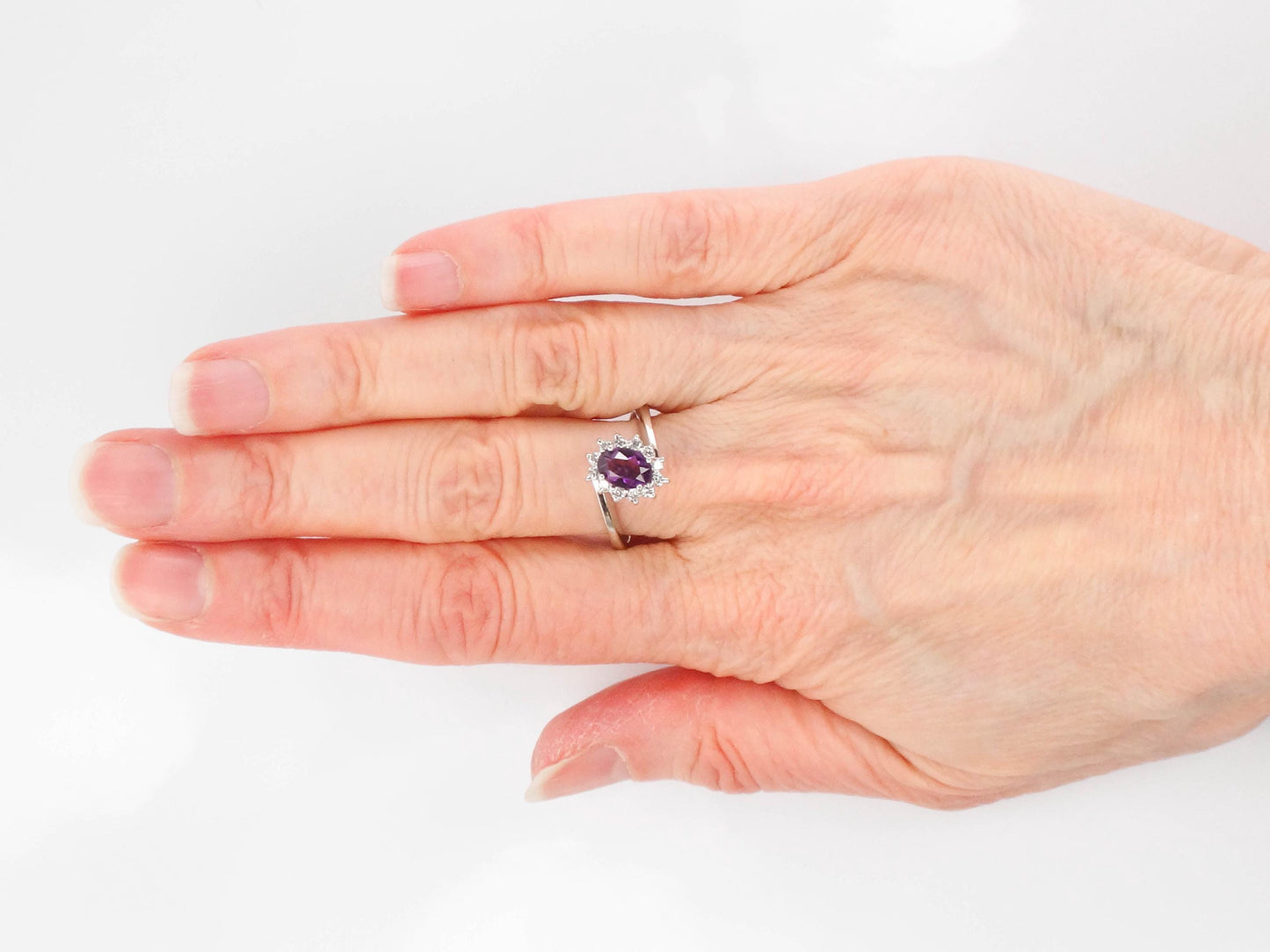 Vintage 14k White Gold Natural Amethyst and Diamond Halo Ring, Purple February Birthstone Ring, Size 7