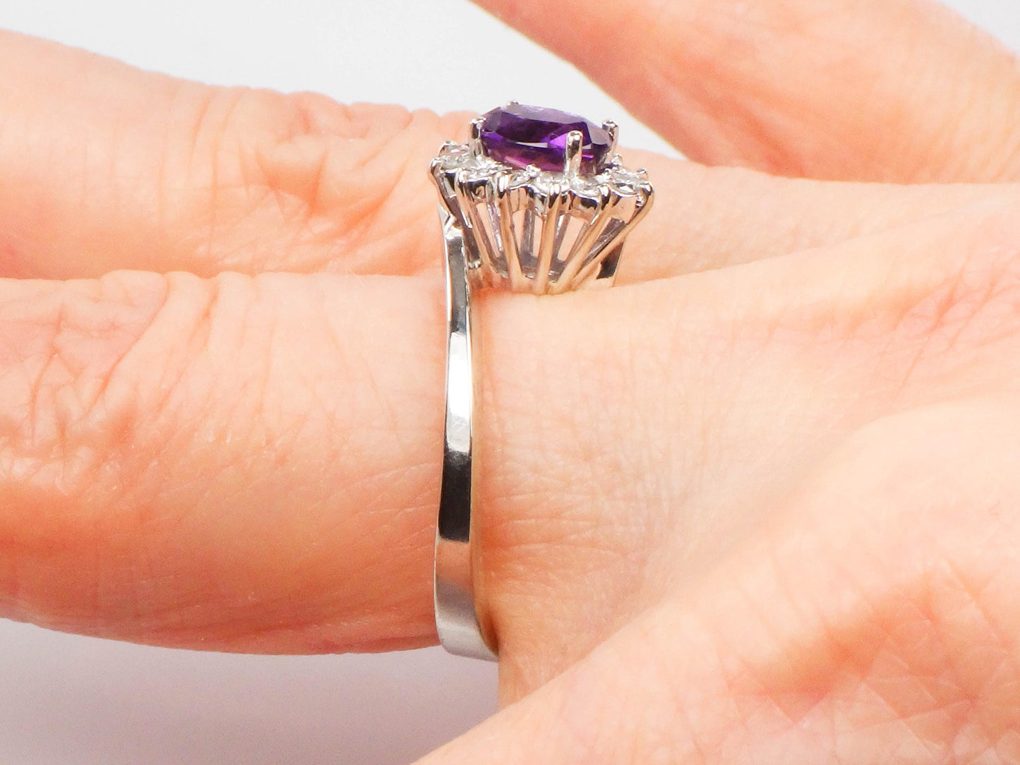 Vintage 14k White Gold Natural Amethyst and Diamond Halo Ring, Purple February Birthstone Ring, Size 7