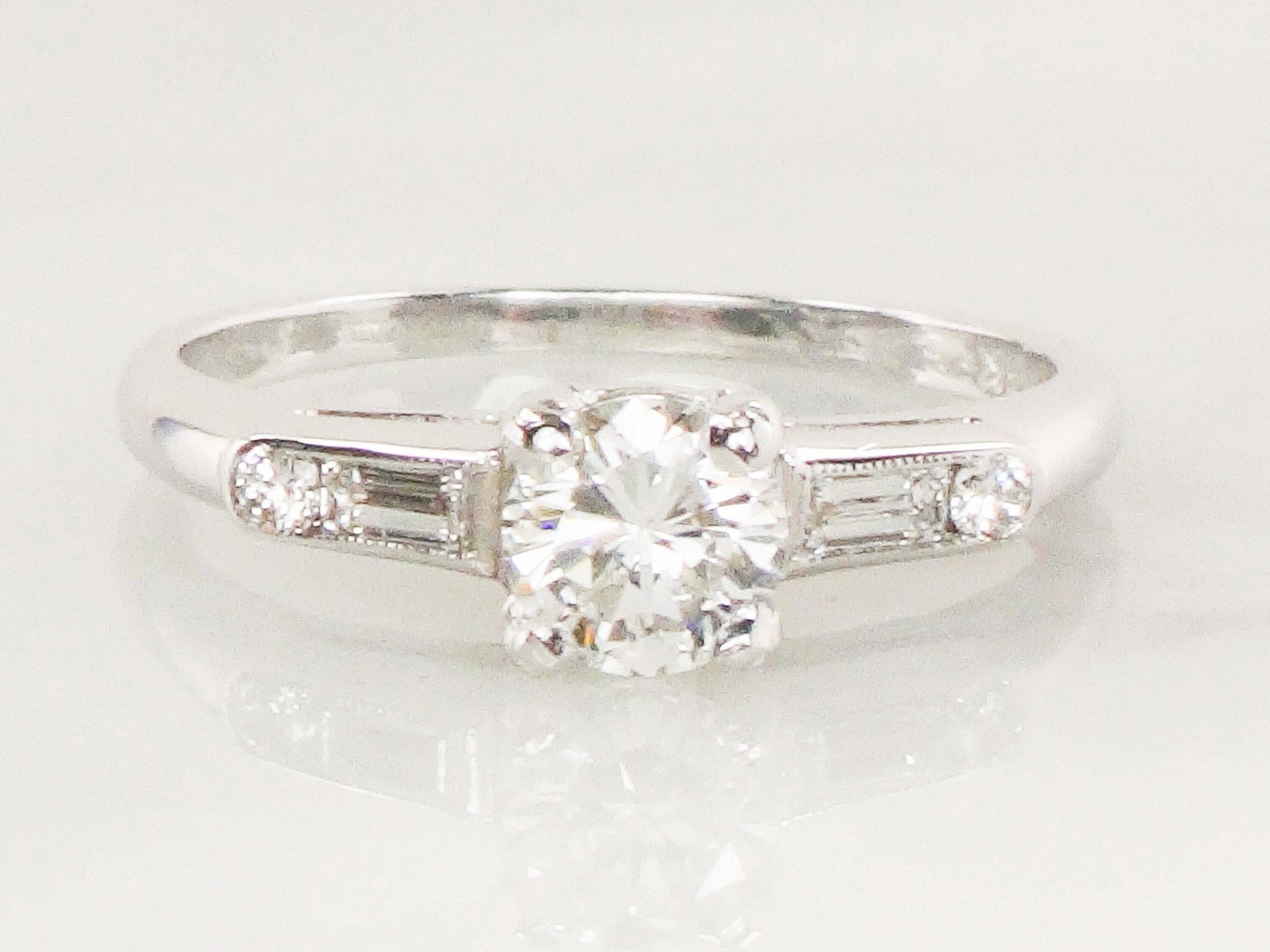 Vintage 14k White Gold Natural Diamond Engagement Ring GIA Certified .52 Carat Round Brilliant Diamond Engagement Ring Size 6.5