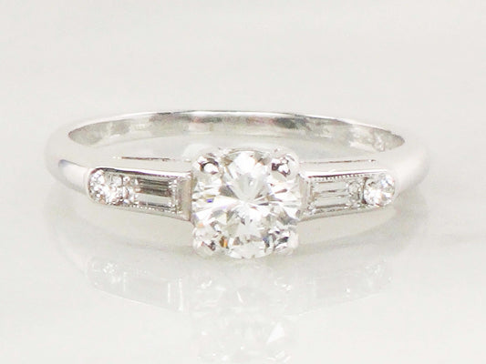 Vintage 14k White Gold Natural Diamond Engagement Ring GIA Certified .52 Carat Round Brilliant Diamond Engagement Ring Size 6.5