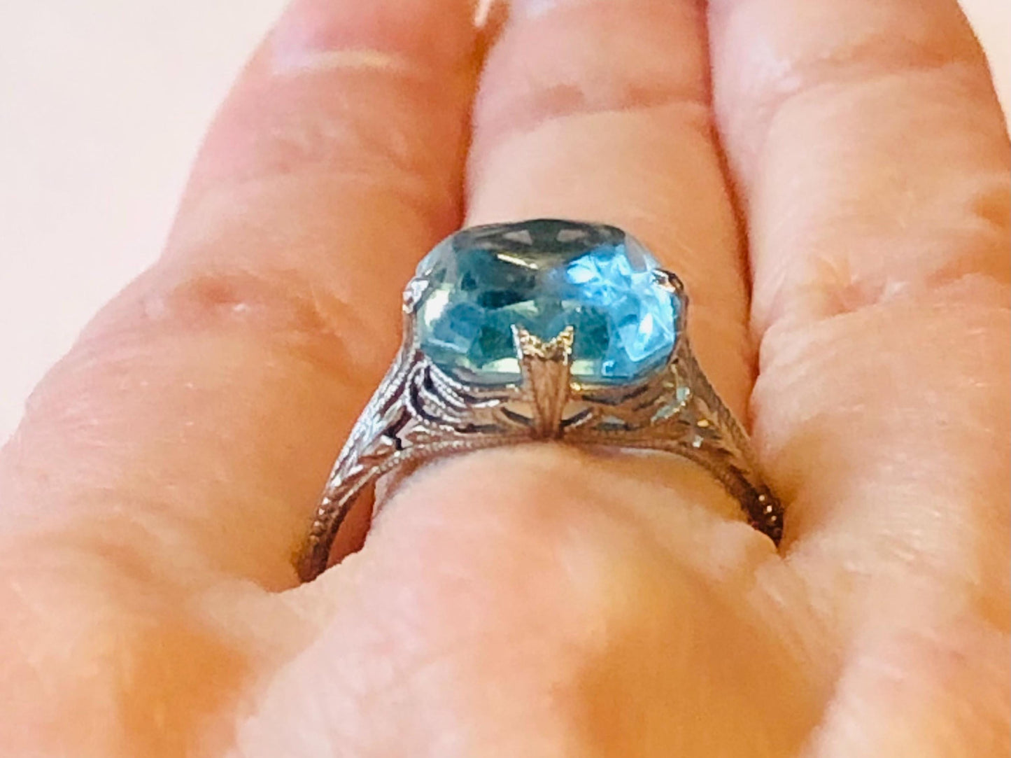 Vintage Art Deco Antique 14k White Gold Filigree Blue Glass Ring Size 8.25