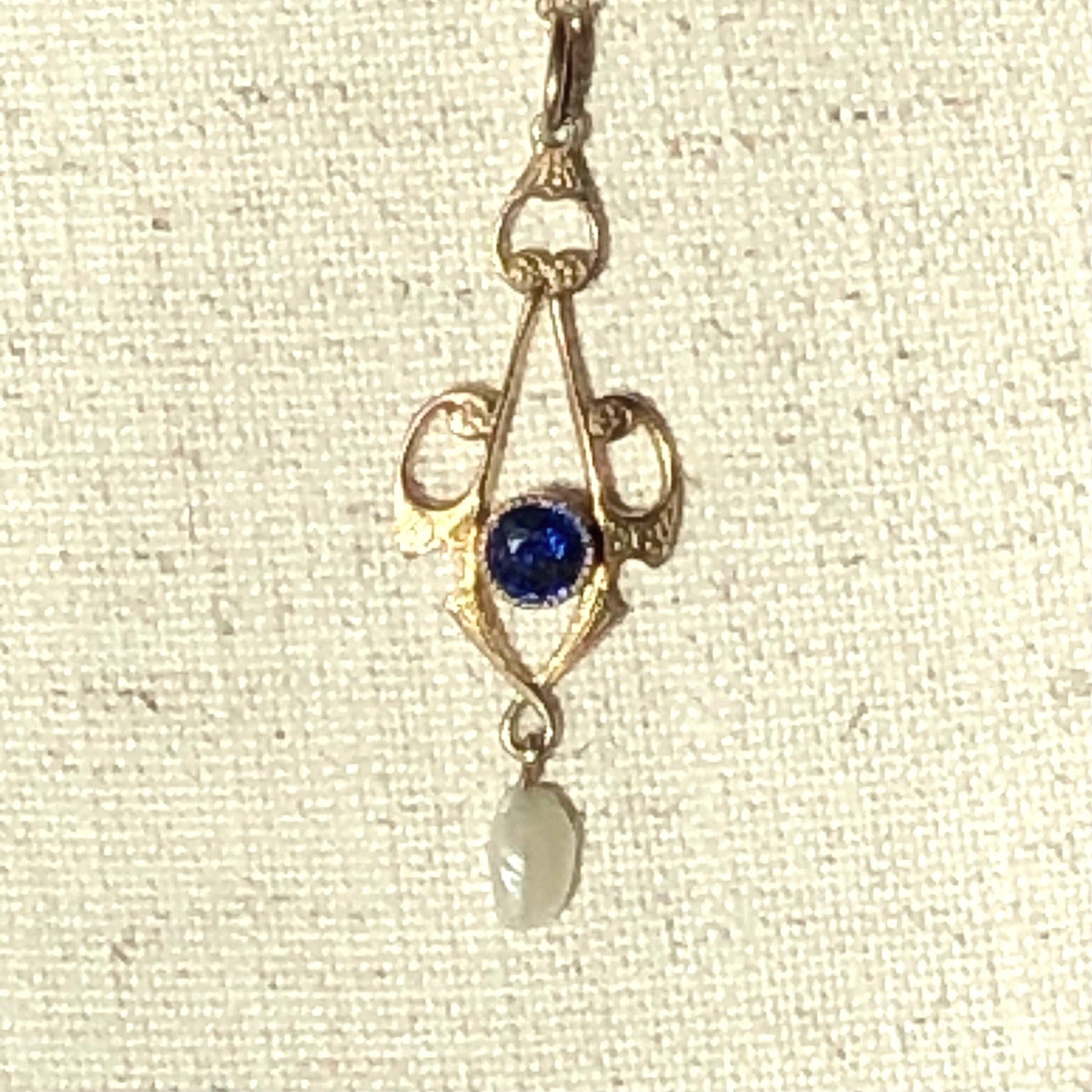 Antique Art Nouveau 10k Gold Lavalier Necklace: Blue Glass & Pearl, 16" 14k Chain
