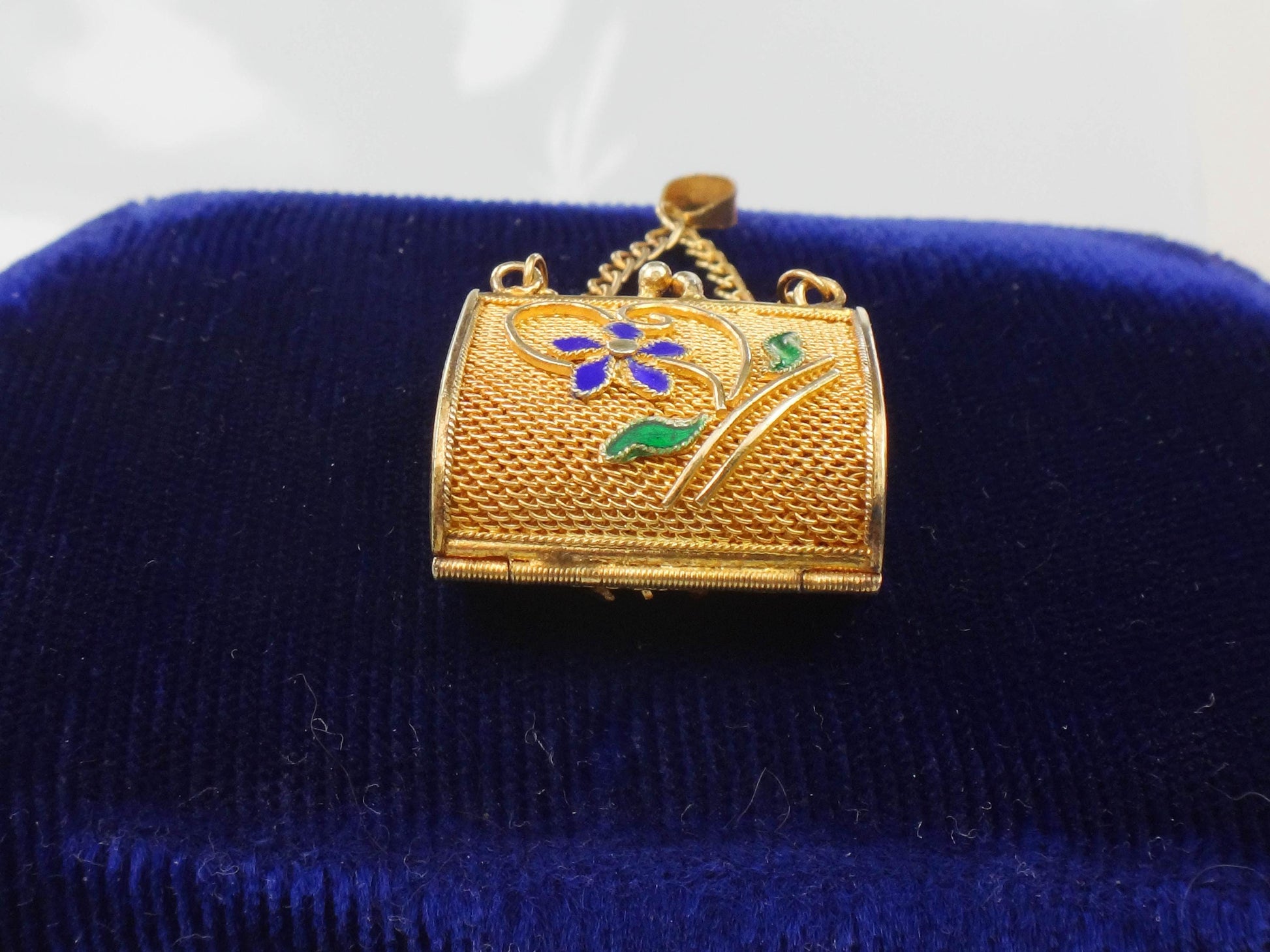 Vintage Gilt Silver Mesh Purse Pendant with Enamel Flowers, Floral Gold Vermeil Over Silver Handbag Charm with Moving Parts