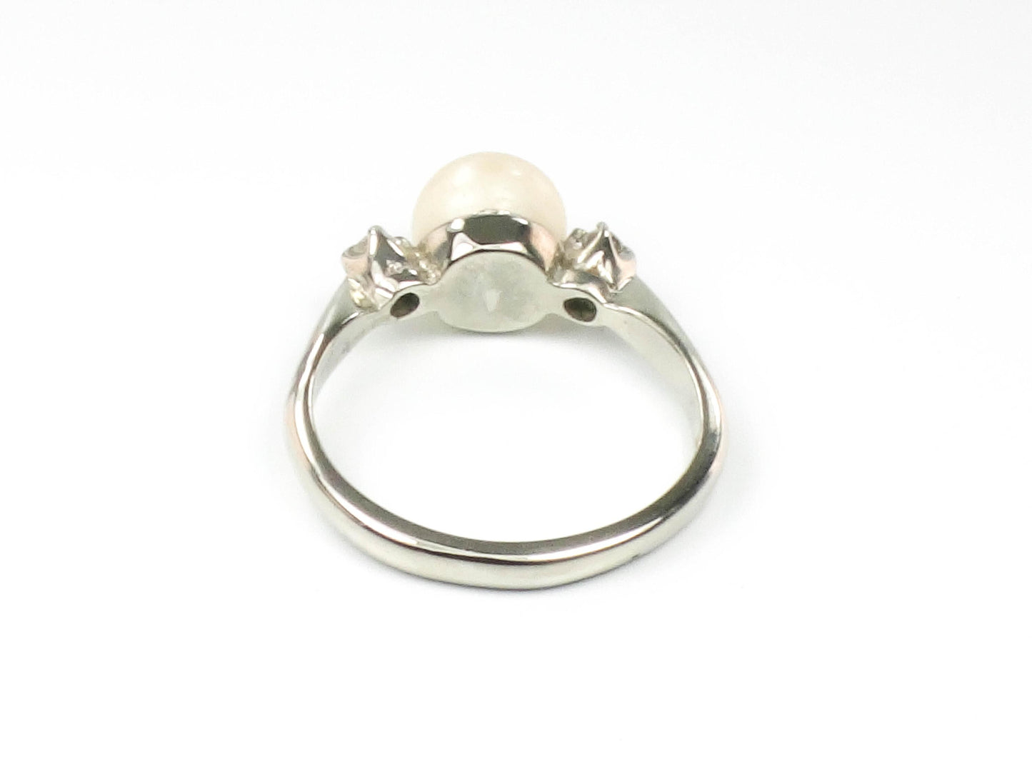 Vintage 14k White Gold Pearl and Diamond Ring - Baden and Foss June Birthstone Bridal Ring - Size 5.5