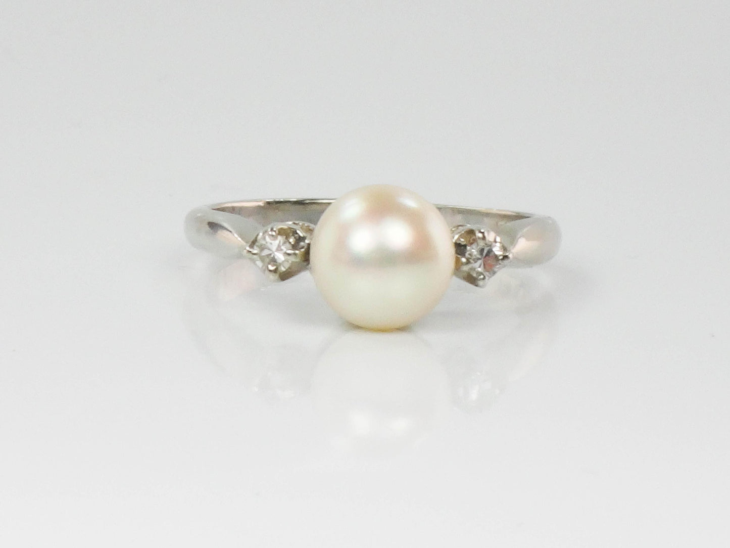 Vintage 14k White Gold Pearl and Diamond Ring - Baden and Foss June Birthstone Bridal Ring - Size 5.5