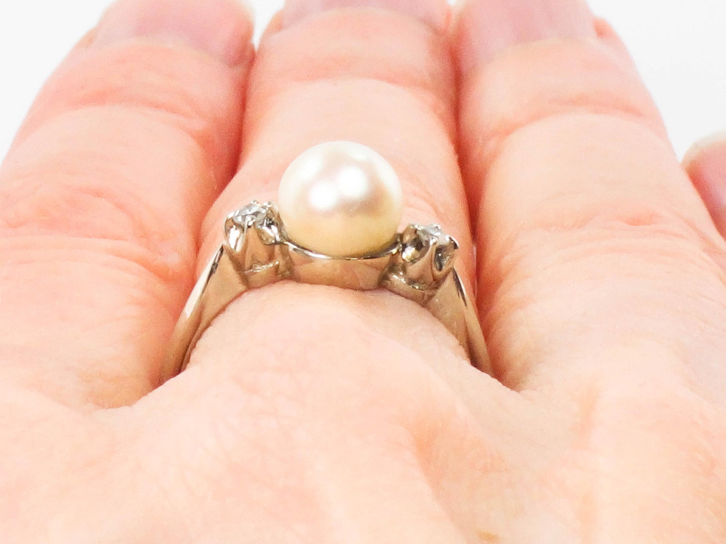 Vintage 14k White Gold Pearl and Diamond Ring - Baden and Foss June Birthstone Bridal Ring - Size 5.5