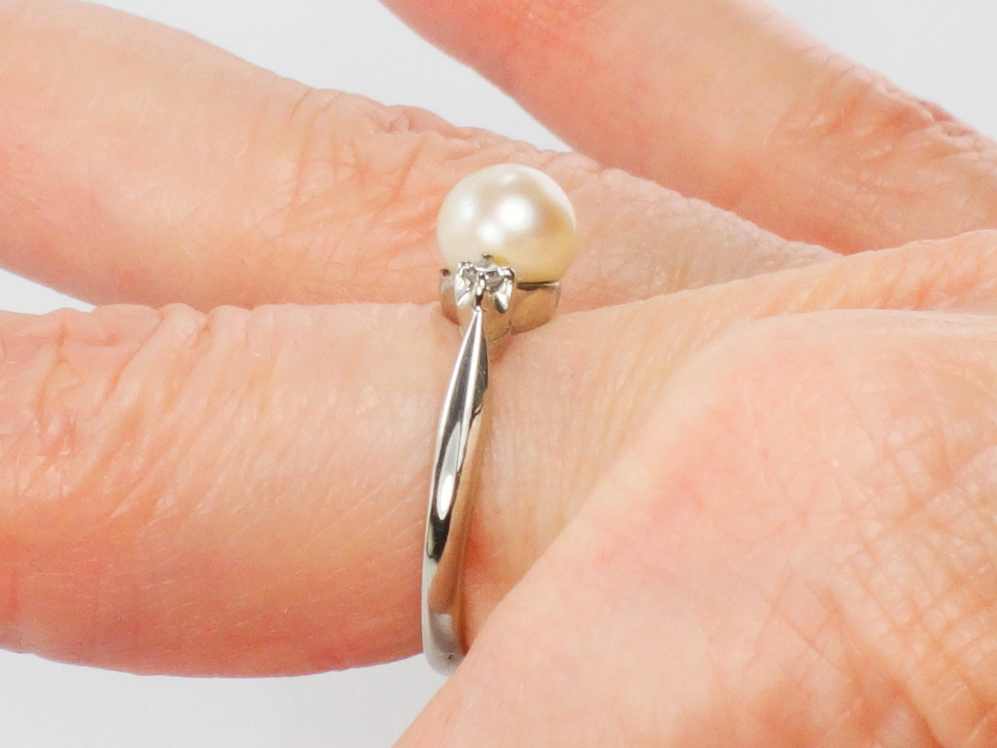 Vintage 14k White Gold Pearl and Diamond Ring - Baden and Foss June Birthstone Bridal Ring - Size 5.5