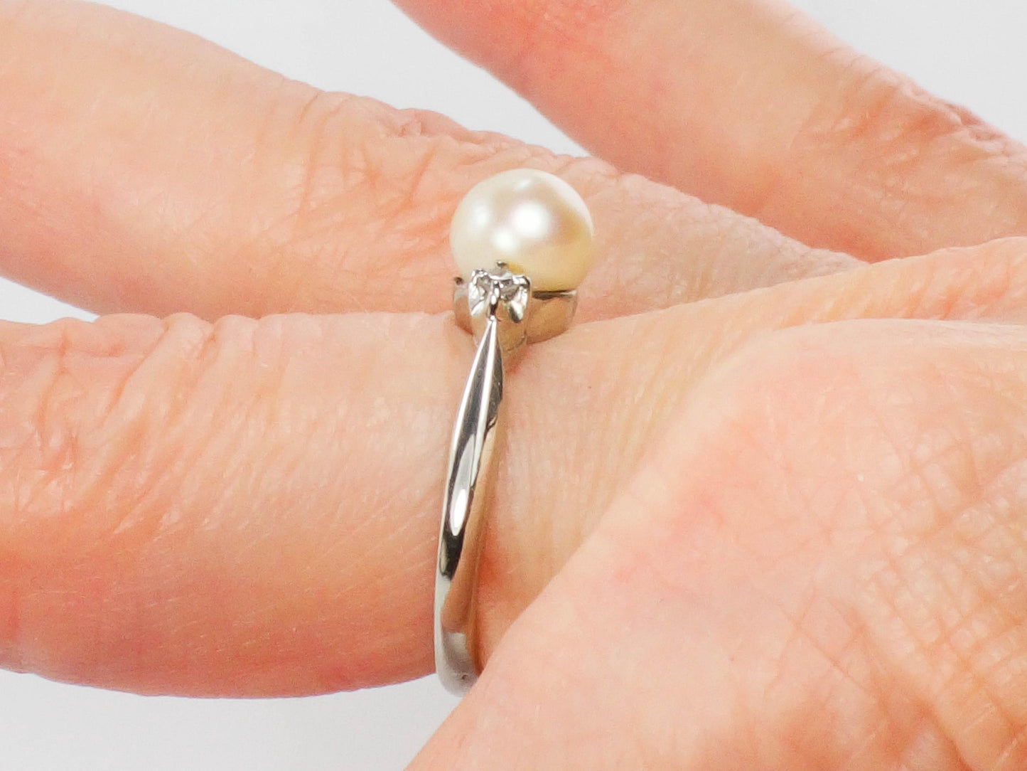 Vintage 14k White Gold Pearl Diamond Ring: Baden & Foss, Size 5.5
