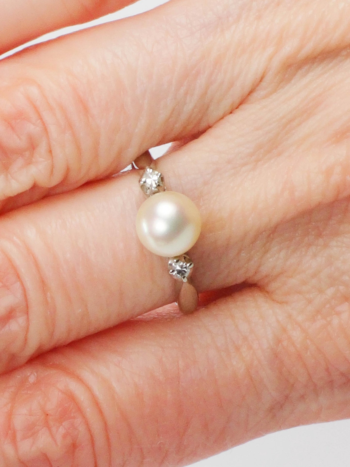 Vintage 14k White Gold Pearl and Diamond Ring - Baden and Foss June Birthstone Bridal Ring - Size 5.5