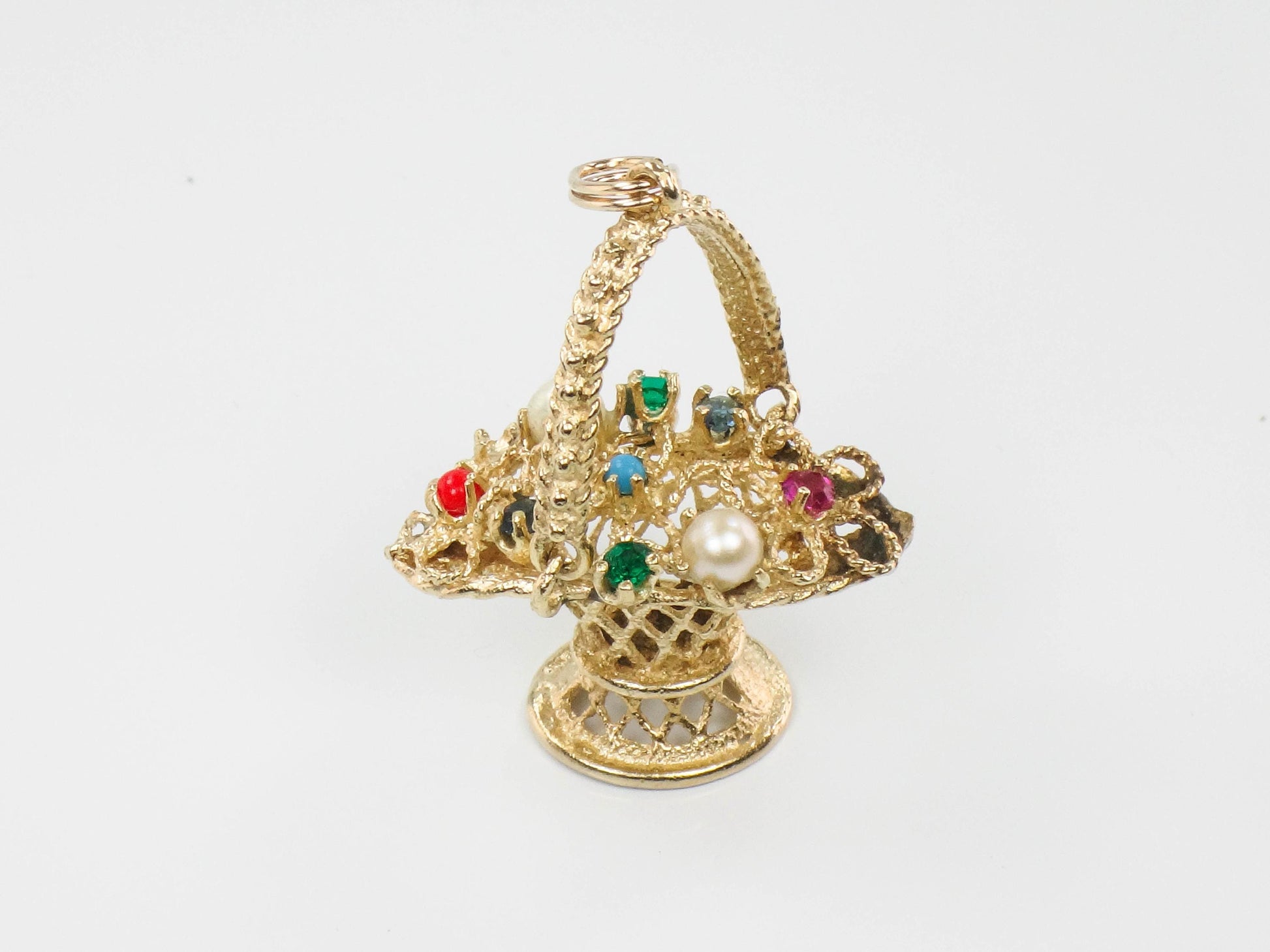 Vintage 14k Gold Basket of Flowers Charm, 3-D Yellow Gold Floral Gemstones Pendant