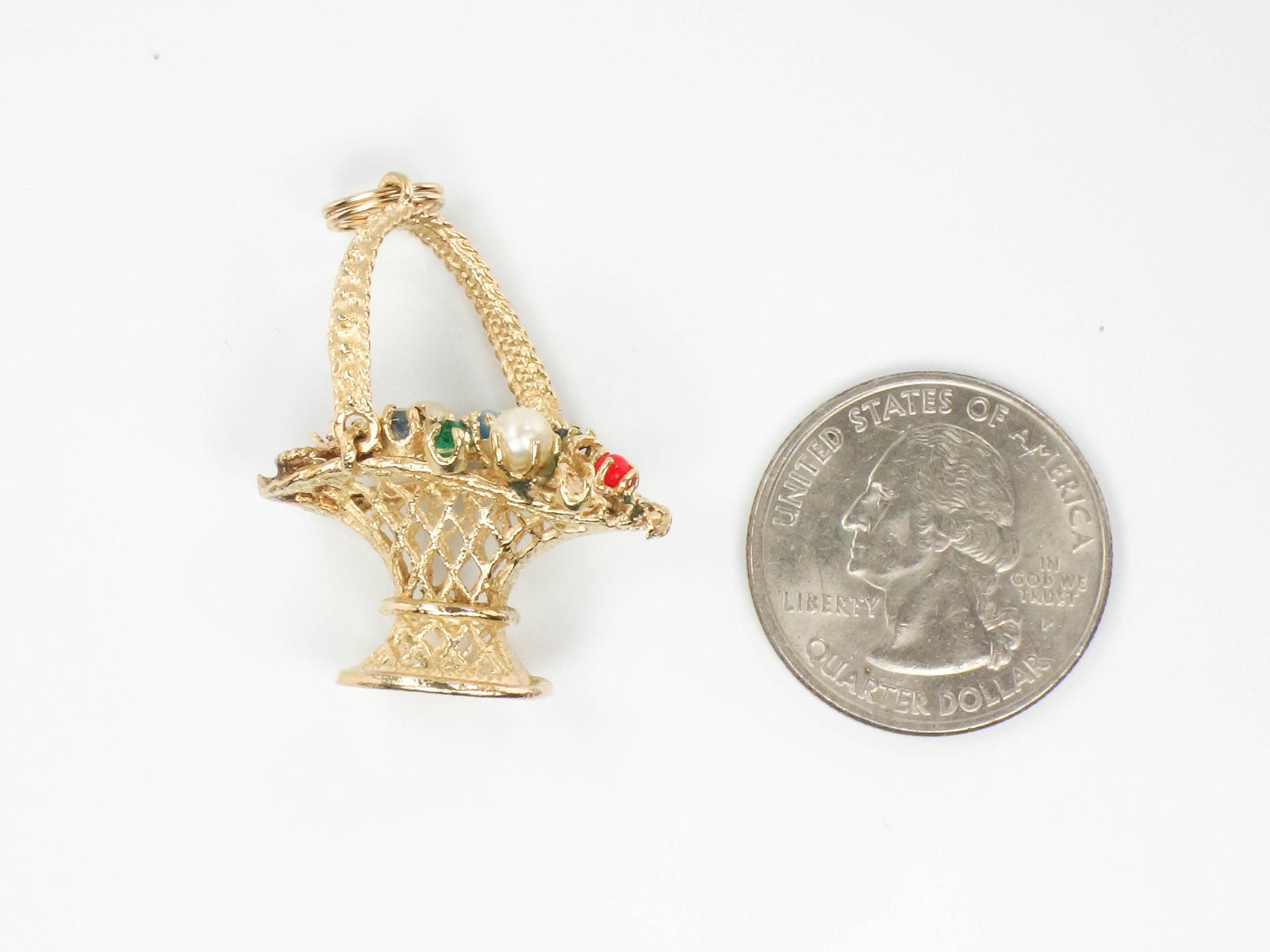 Vintage 14k Gold Basket of Flowers Charm, 3-D Yellow Gold Floral Gemstones Pendant
