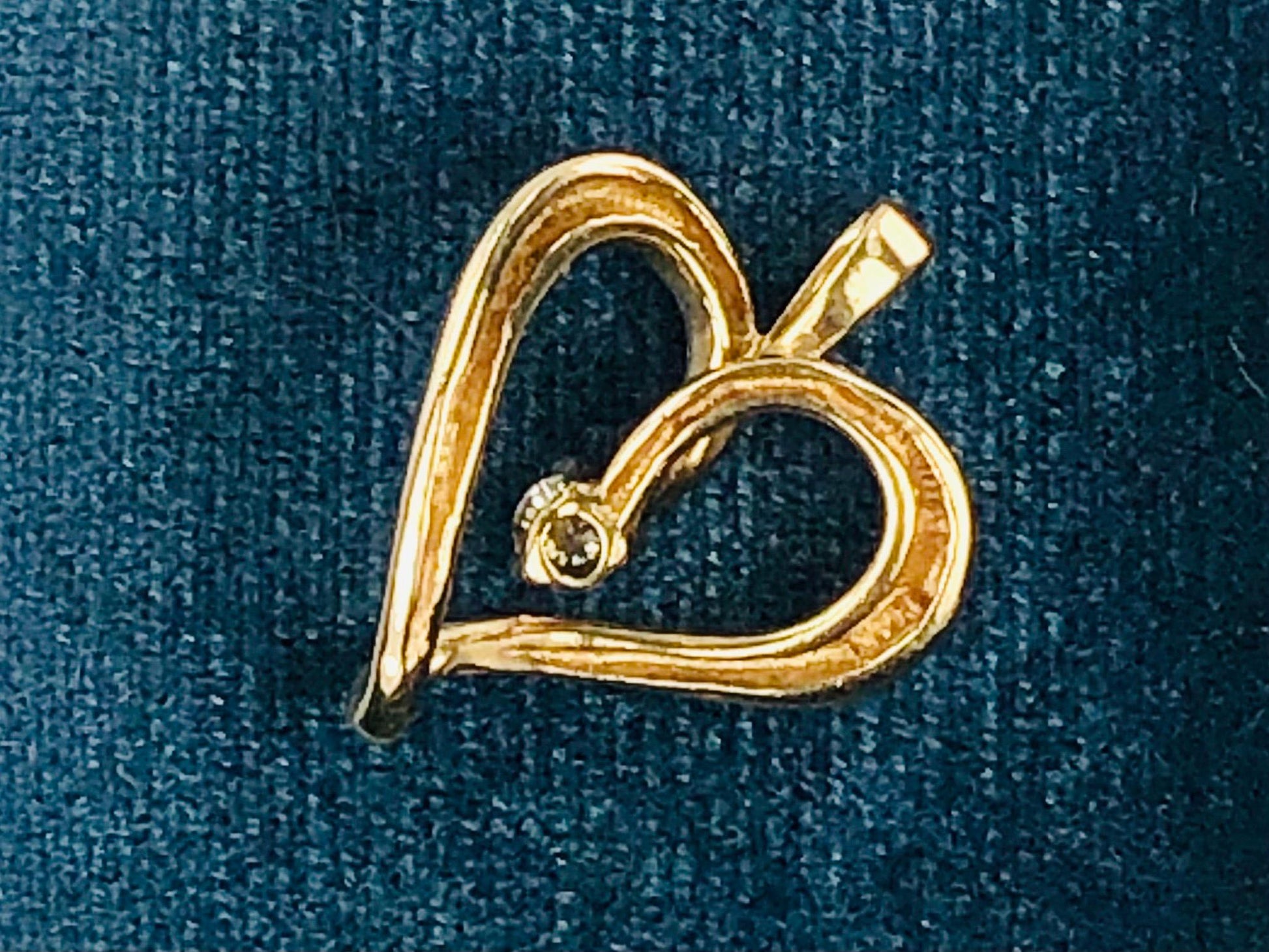 Vintage Solid 14k Yellow Gold Diamond Open Heart Pendant