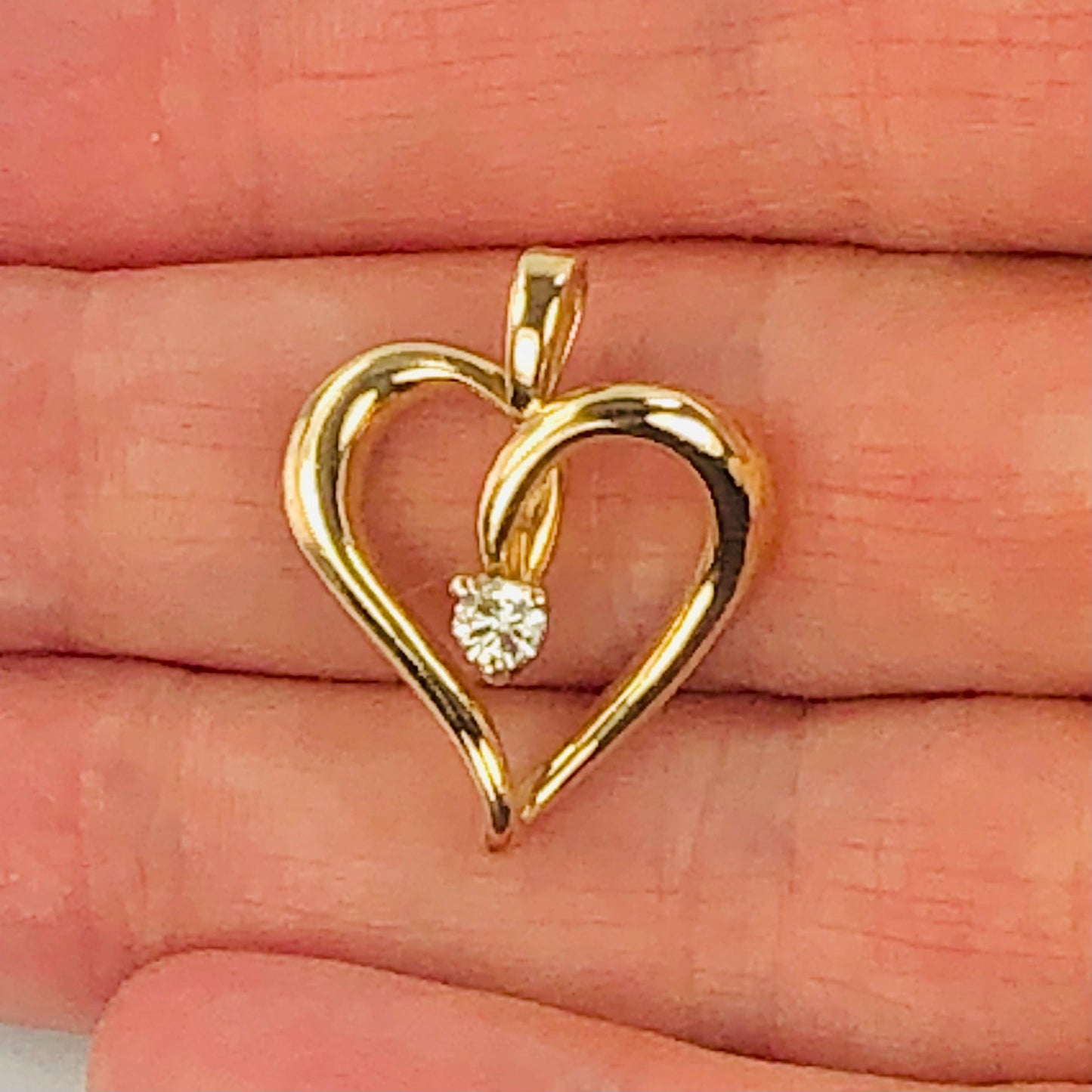 Vintage Solid 14k Yellow Gold Diamond Open Heart Pendant