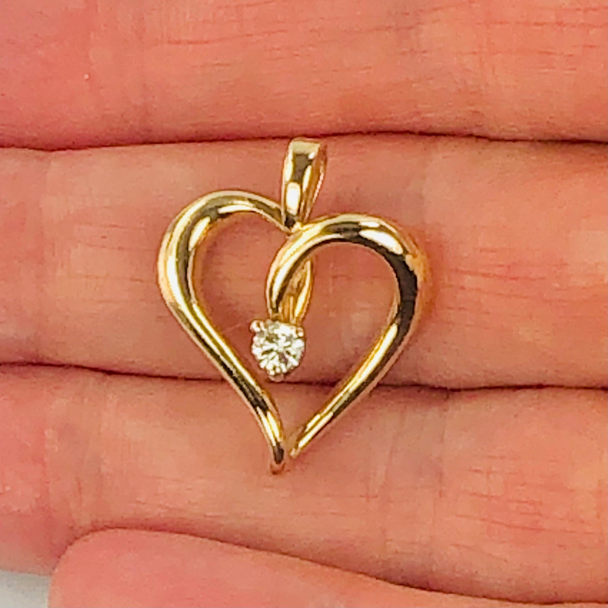 Vintage Solid 14k Yellow Gold Diamond Open Heart Pendant