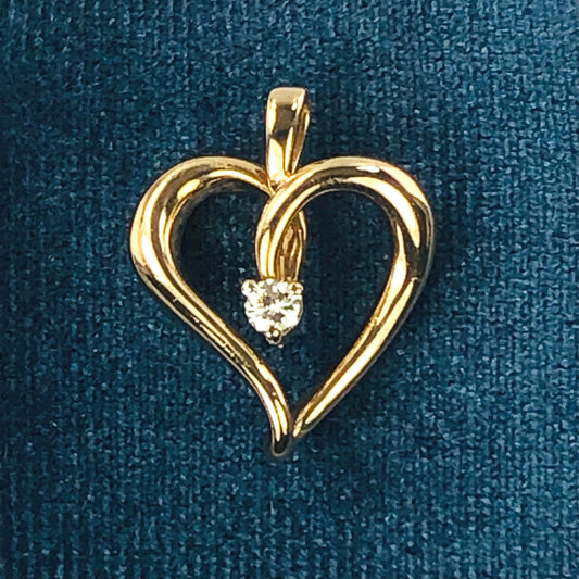 Vintage Solid 14k Yellow Gold Diamond Open Heart Pendant