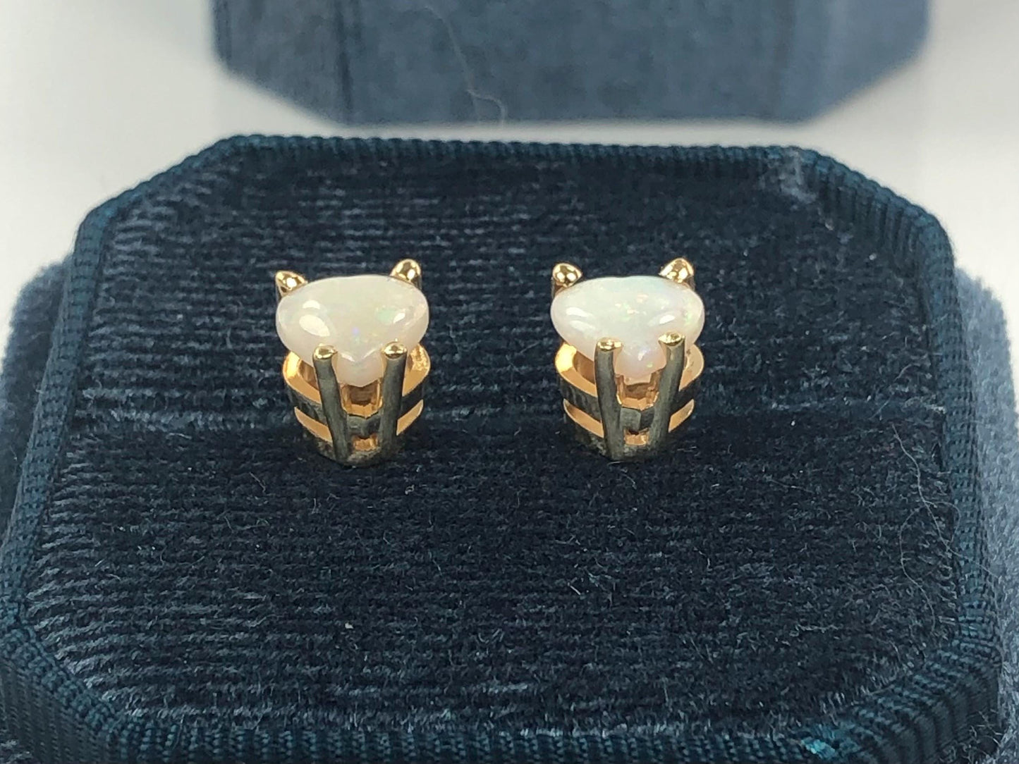 Vintage 14k Yellow Gold Natural Opal Heart Shaped Stud Earrings, October Birthstone
