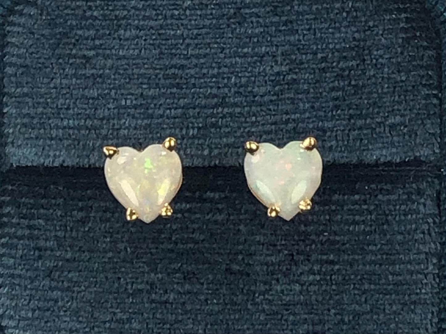 Vintage 14k Yellow Gold Natural Opal Heart Shaped Stud Earrings, October Birthstone