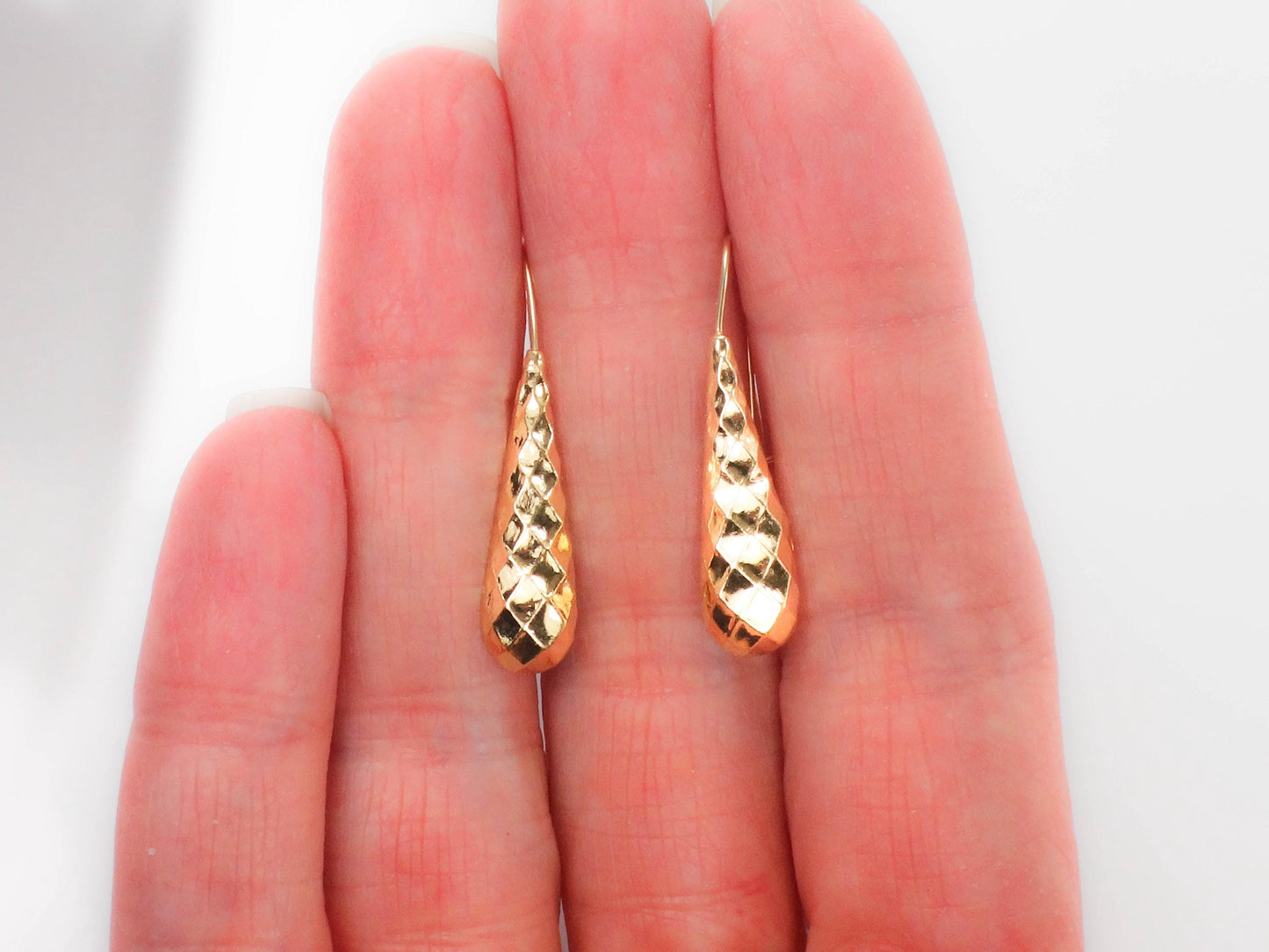 Vintage 14k Yellow Gold Teardrop Dangle Earrings, Lightweight Solid Gold Earrings