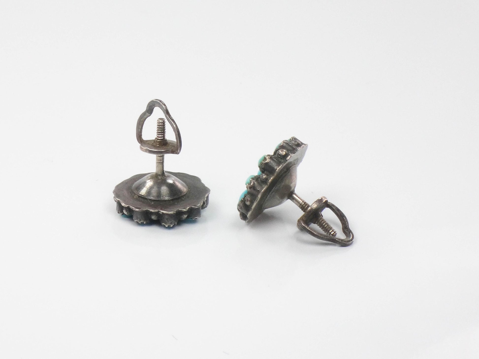 Vintage Turquoise Sterling Silver Stud Earrings: Petit Point Southwestern Style