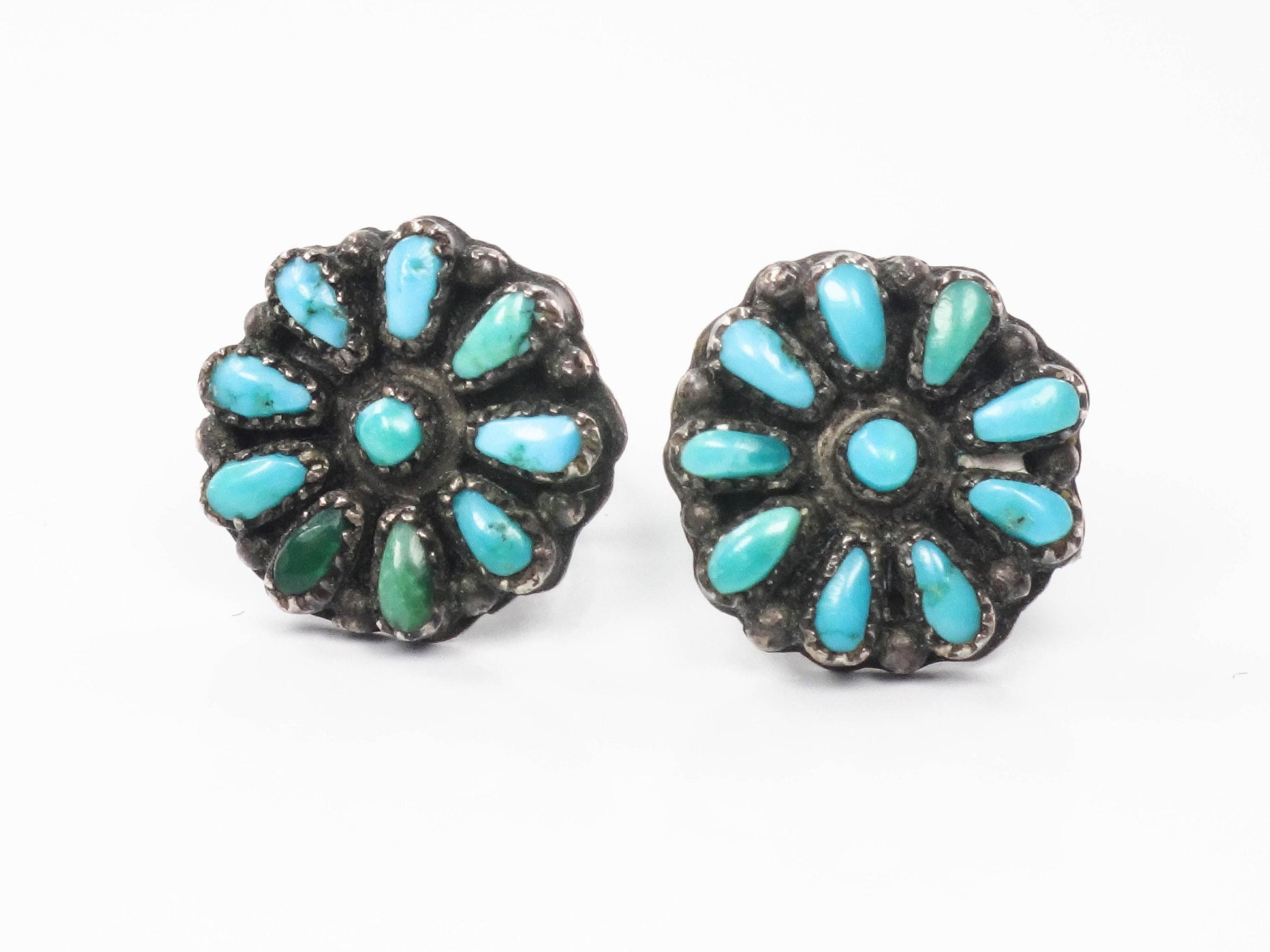 Vintage Turquoise Sterling Silver Stud Earrings: Petit Point Southwestern Style