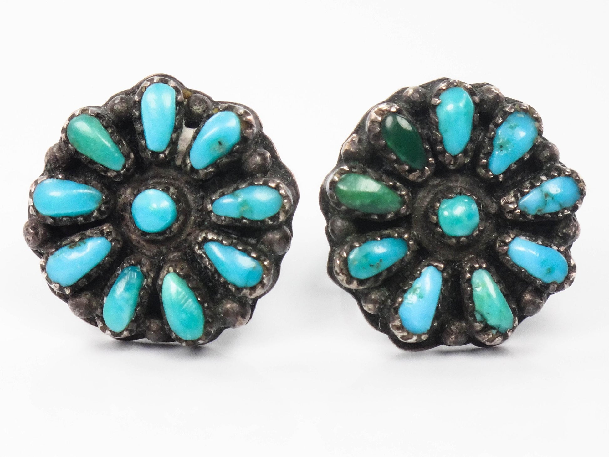 Vintage Turquoise Sterling Silver Stud Earrings: Petit Point Southwestern Style