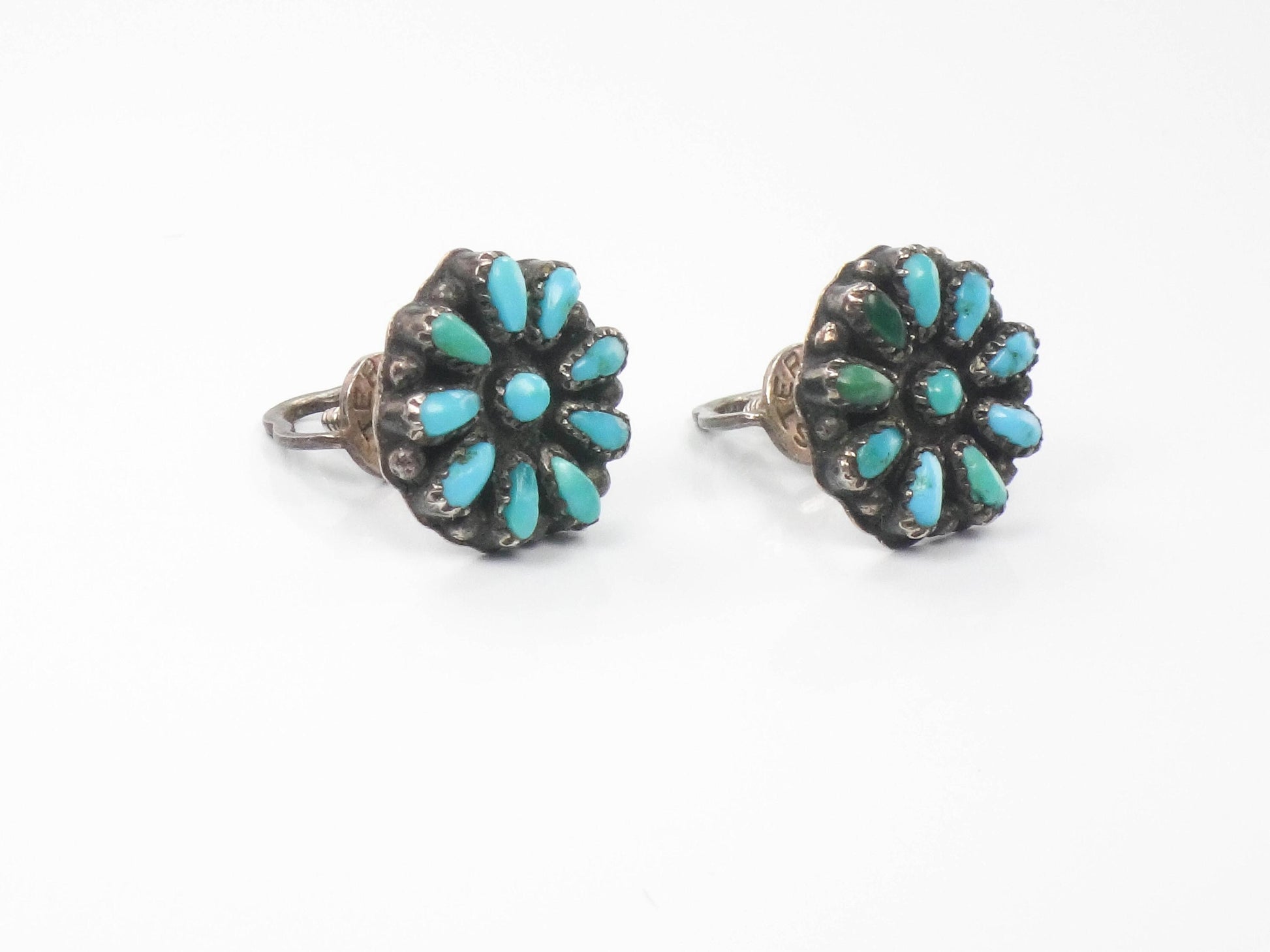 Vintage Turquoise Sterling Silver Stud Earrings: Petit Point Southwestern Style