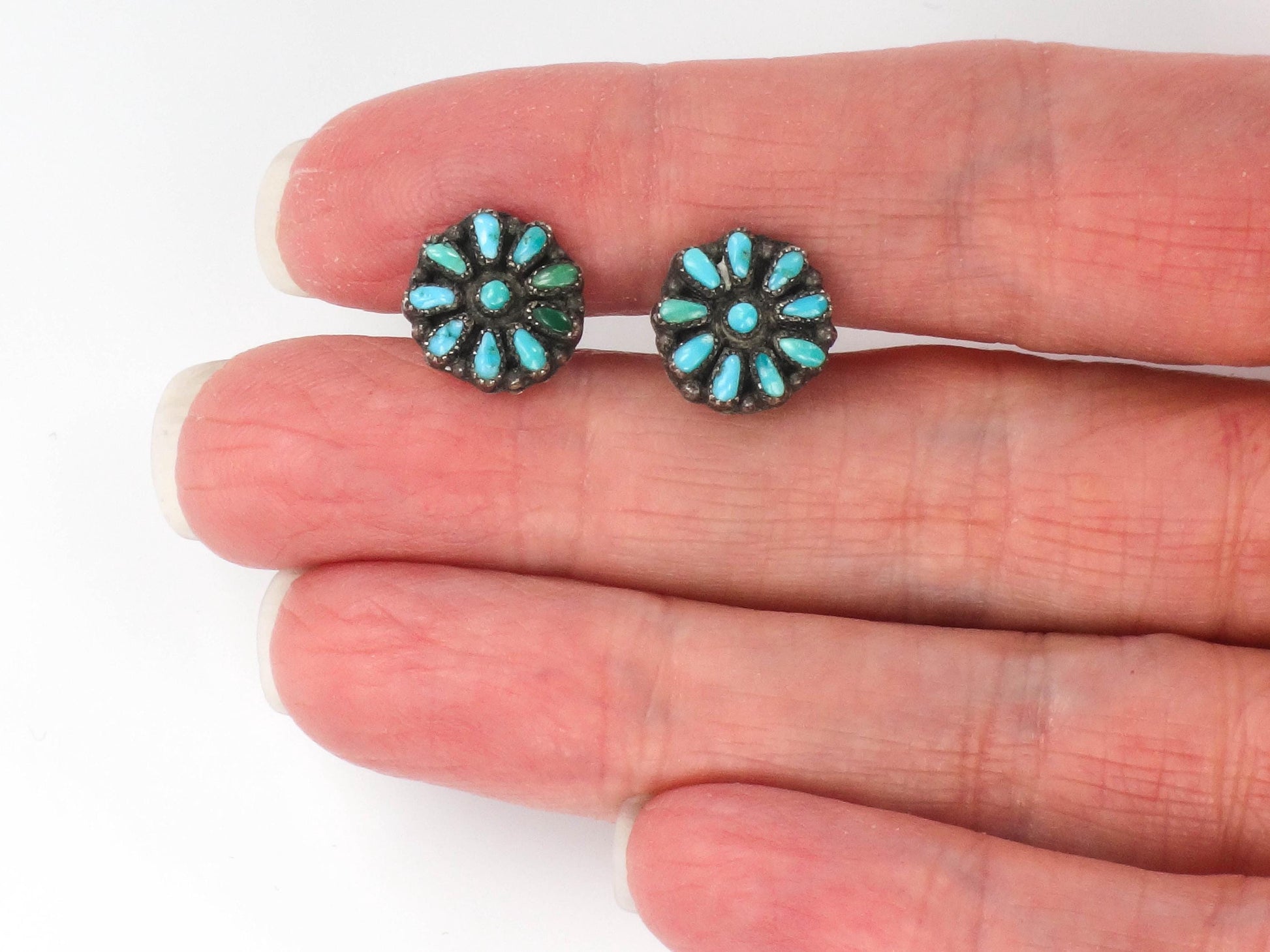 Vintage Turquoise Sterling Silver Stud Earrings: Petit Point Southwestern Style
