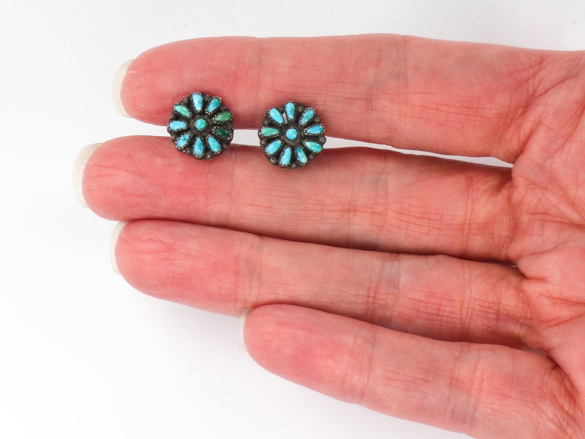 Vintage Turquoise Sterling Silver Stud Earrings: Petit Point Southwestern Style