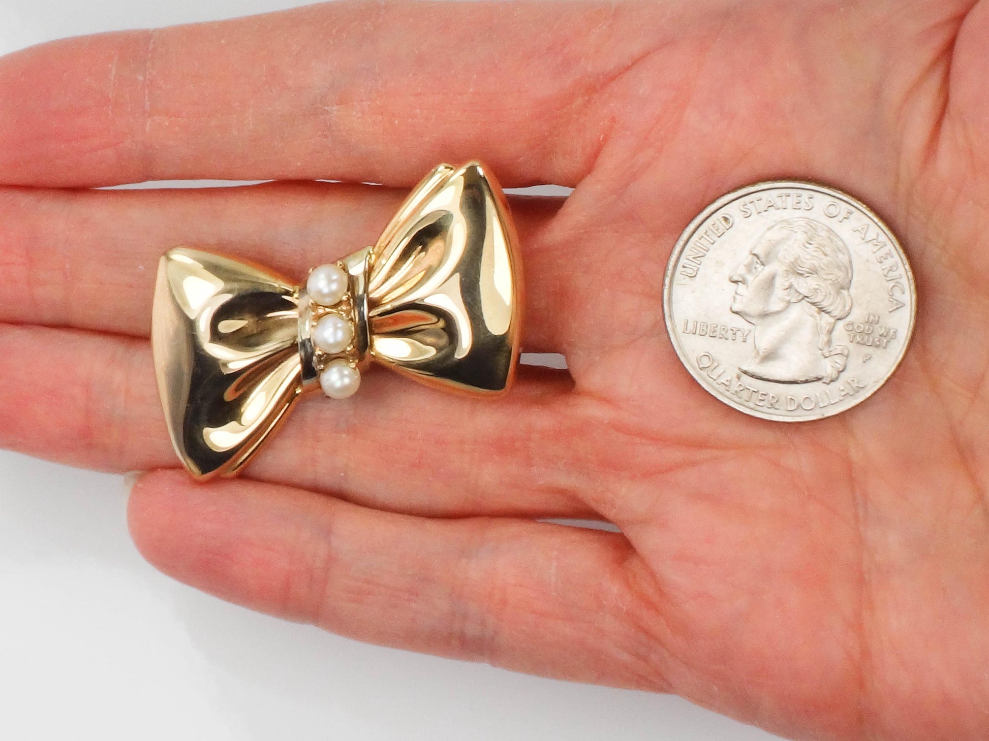 Vintage 14k Gold Bow Pin: Pearl Bow Tie Brooch