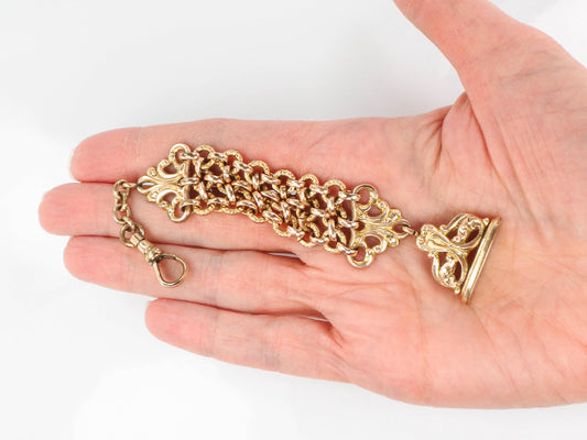 Antique Rolled Gold Plate Watch Fob, Victorian Pocket Watch Chain with Fob and Swivel Clasp