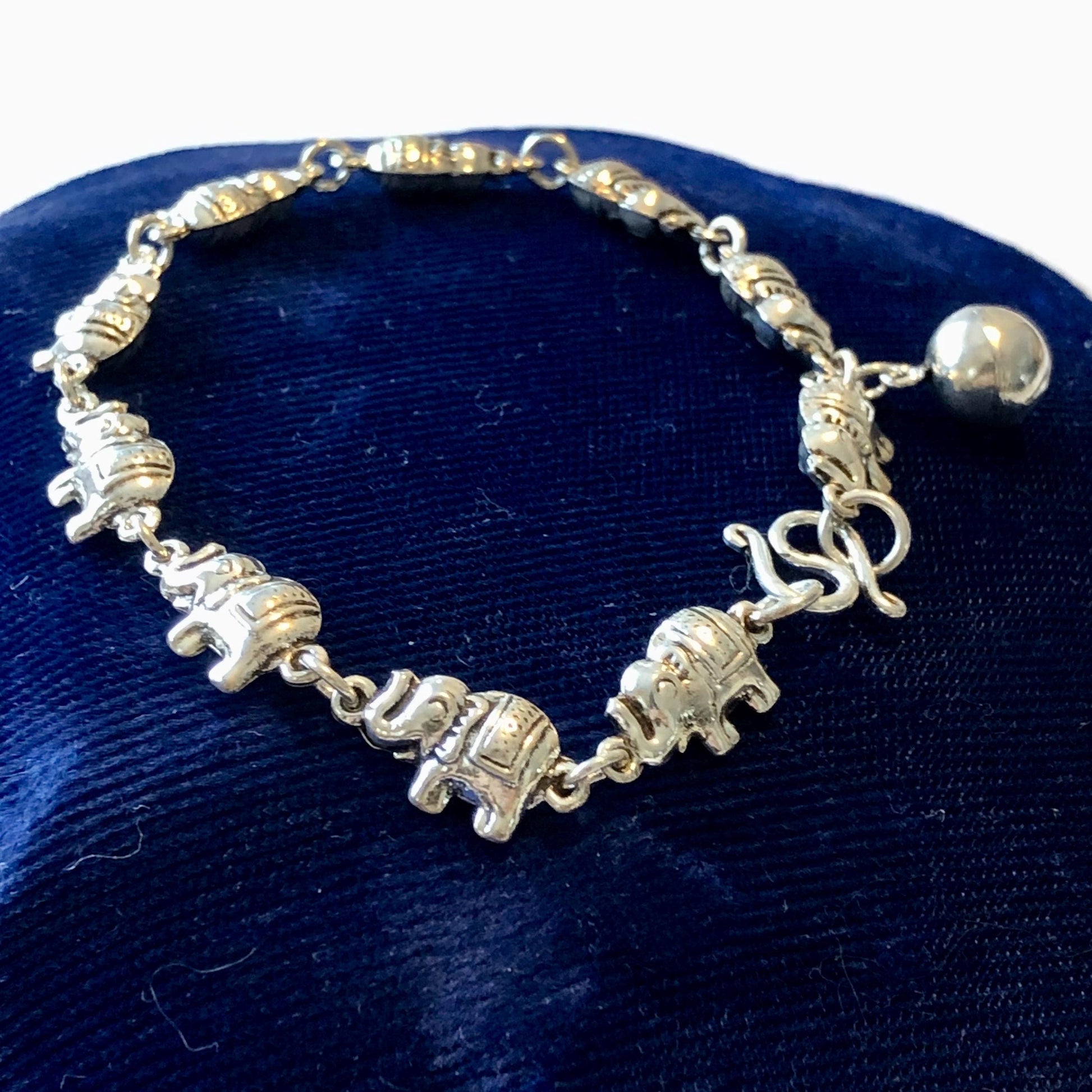 Vintage Sterling Silver Tiny Marching Elephants Bracelet with Bell, 925 Good Luck Bracelet 7.5"