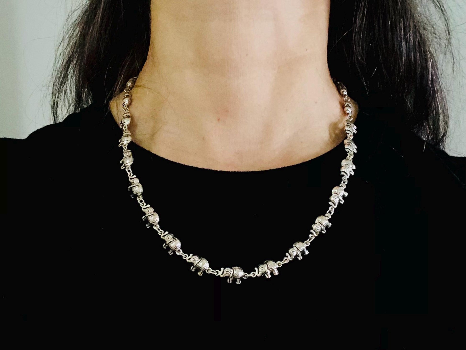 Vintage Sterling Silver Tiny Marching Elephants Necklace, 925 Good Luck Necklace 20"