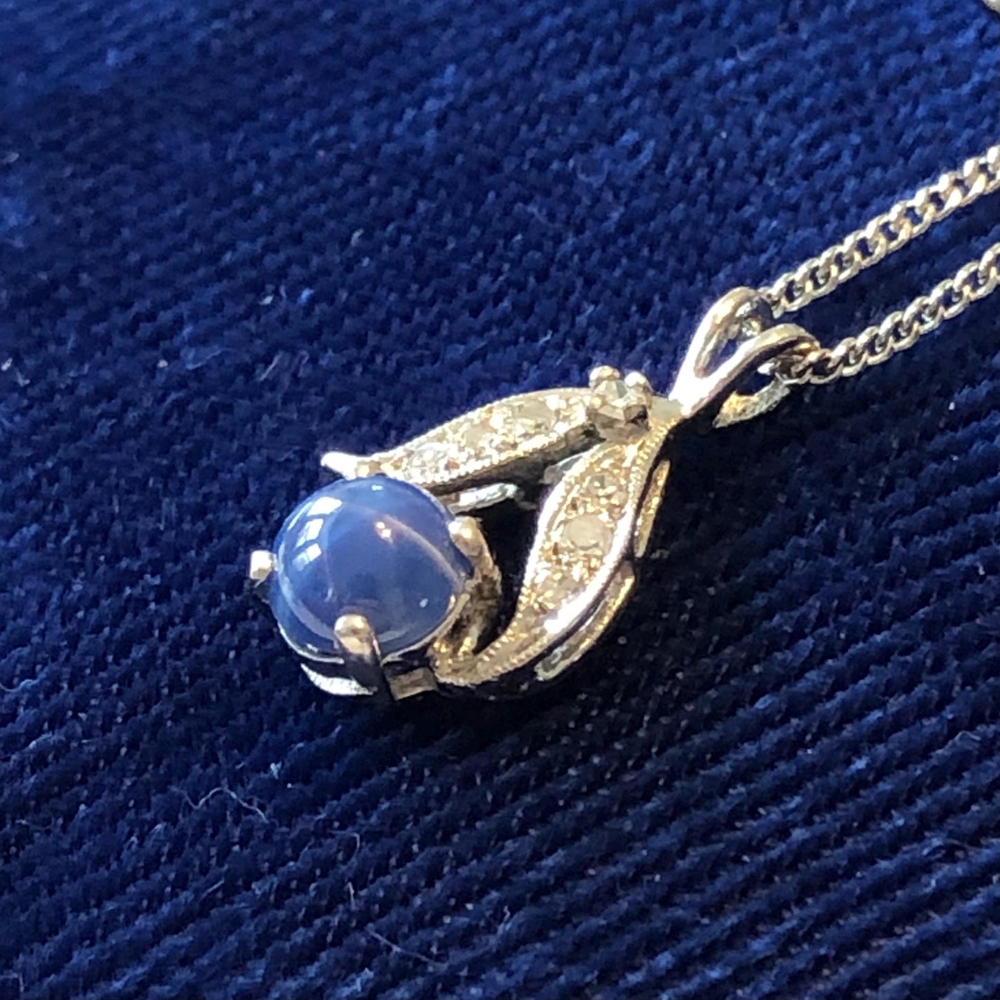 Vintage 14k White Gold Star Sapphire and Diamond Pendant with Sterling Silver Chain, Blue September Birthstone Necklace, 16"