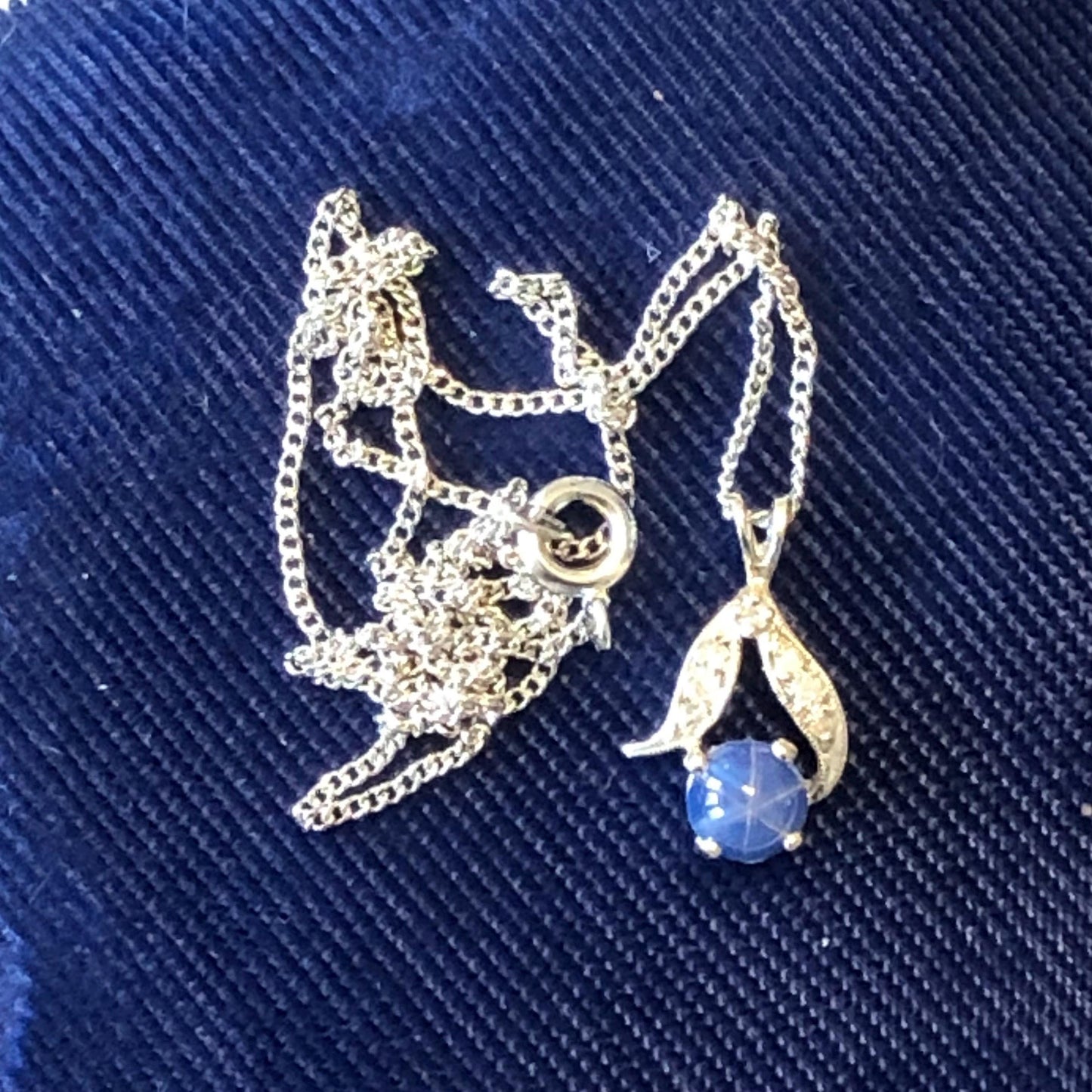 Vintage 14k White Gold Star Sapphire and Diamond Pendant with Sterling Silver Chain, Blue September Birthstone Necklace, 16"