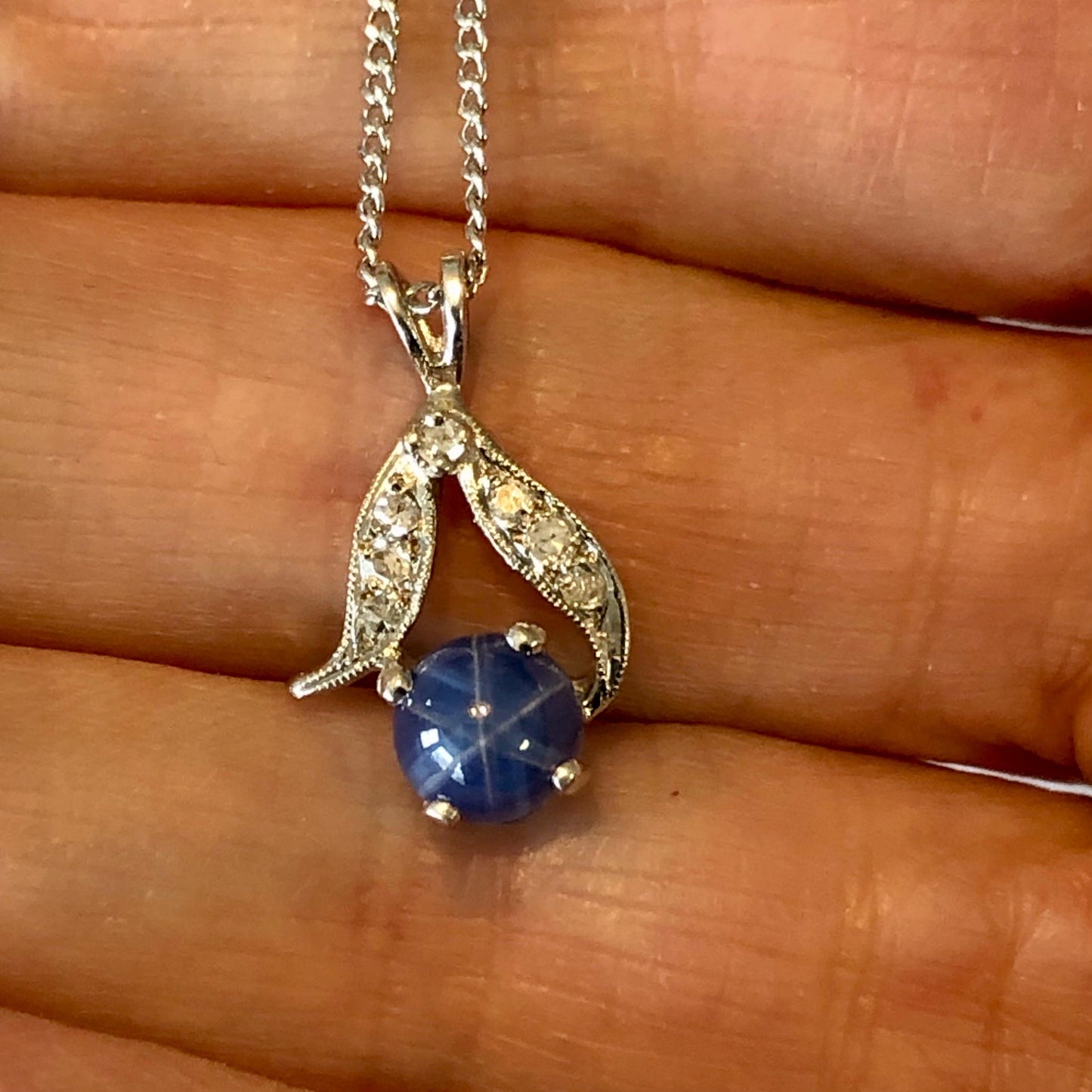 Vintage 14k White Gold Star Sapphire and Diamond Pendant with Sterling Silver Chain, Blue September Birthstone Necklace, 16"