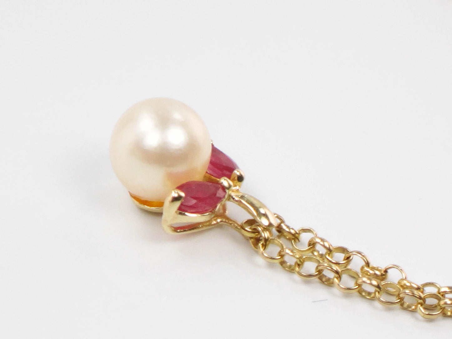 Vintage Solid Yellow Gold Pearl and Ruby Drop Necklace, 14k Cultured Pearl Pendant on 18k Chain, Bridal Necklace 16"