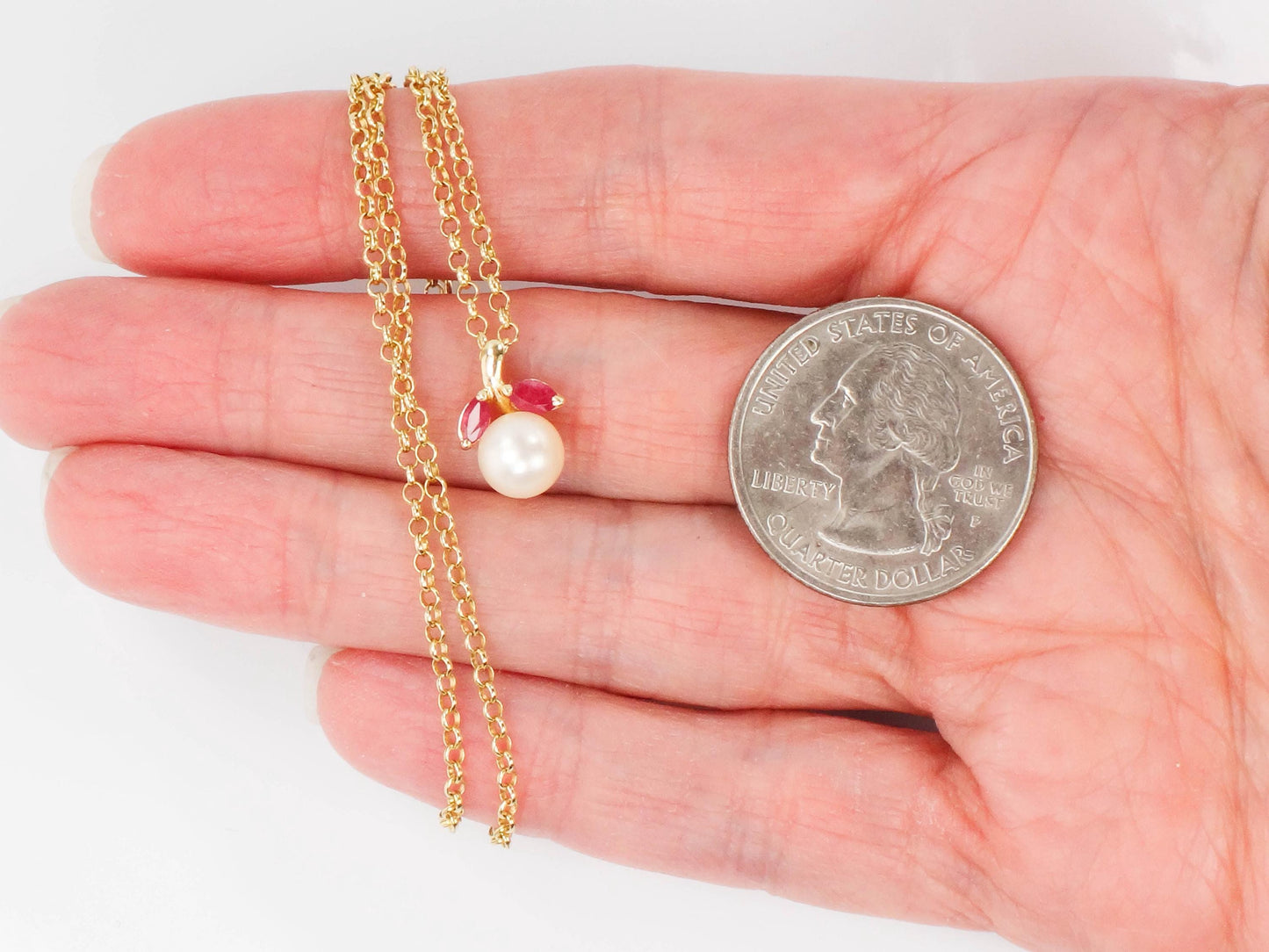 Vintage Solid Yellow Gold Pearl and Ruby Drop Necklace, 14k Cultured Pearl Pendant on 18k Chain, Bridal Necklace 16"