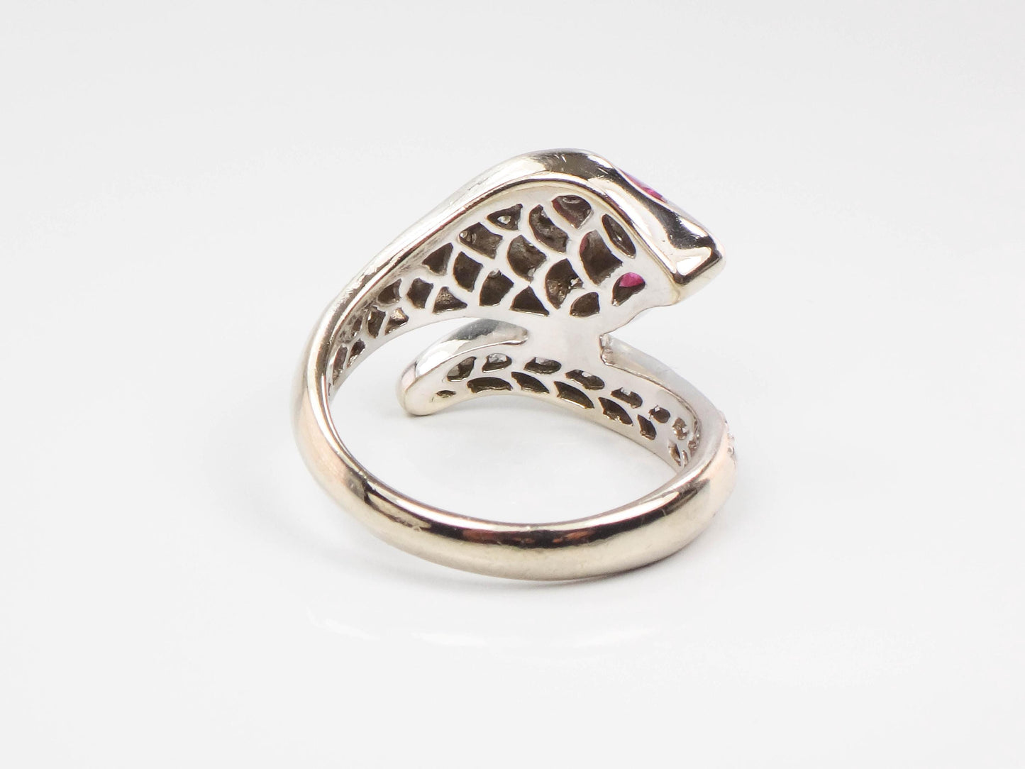 Vintage 14k White Gold Diamond and Ruby Snake Ring, Size 8