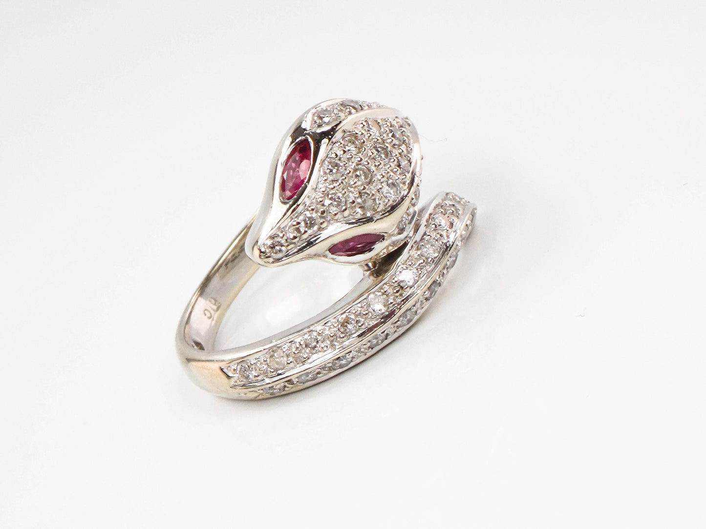 Vintage 14k White Gold Diamond and Ruby Snake Ring, Size 8