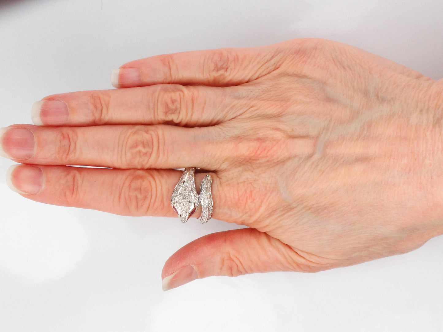 Vintage 14k White Gold Diamond and Ruby Snake Ring, Size 8