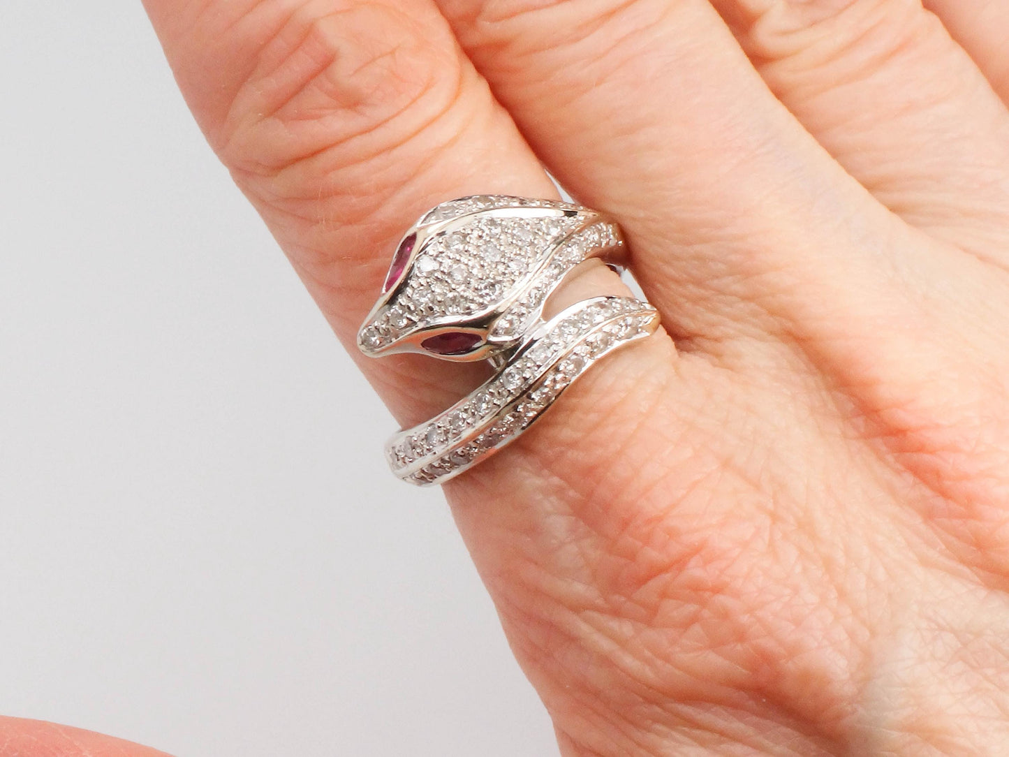 Vintage 14k White Gold Diamond and Ruby Snake Ring, Size 8