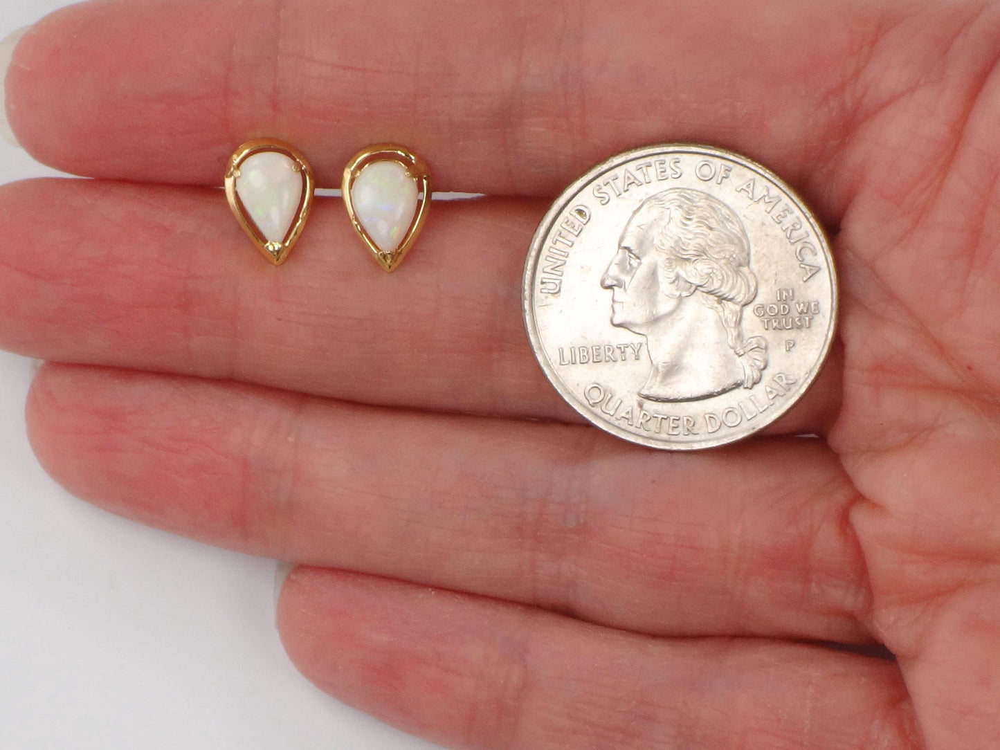 Vintage 14k Yellow Gold Natural Opal Earrings - Pear Shaped Studs - October Birthstone Birthday Gift