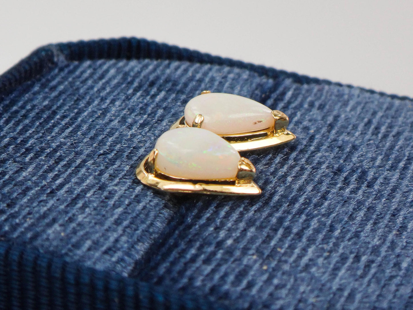 Vintage 14k Yellow Gold Natural Opal Earrings - Pear Shaped Studs - October Birthstone Birthday Gift