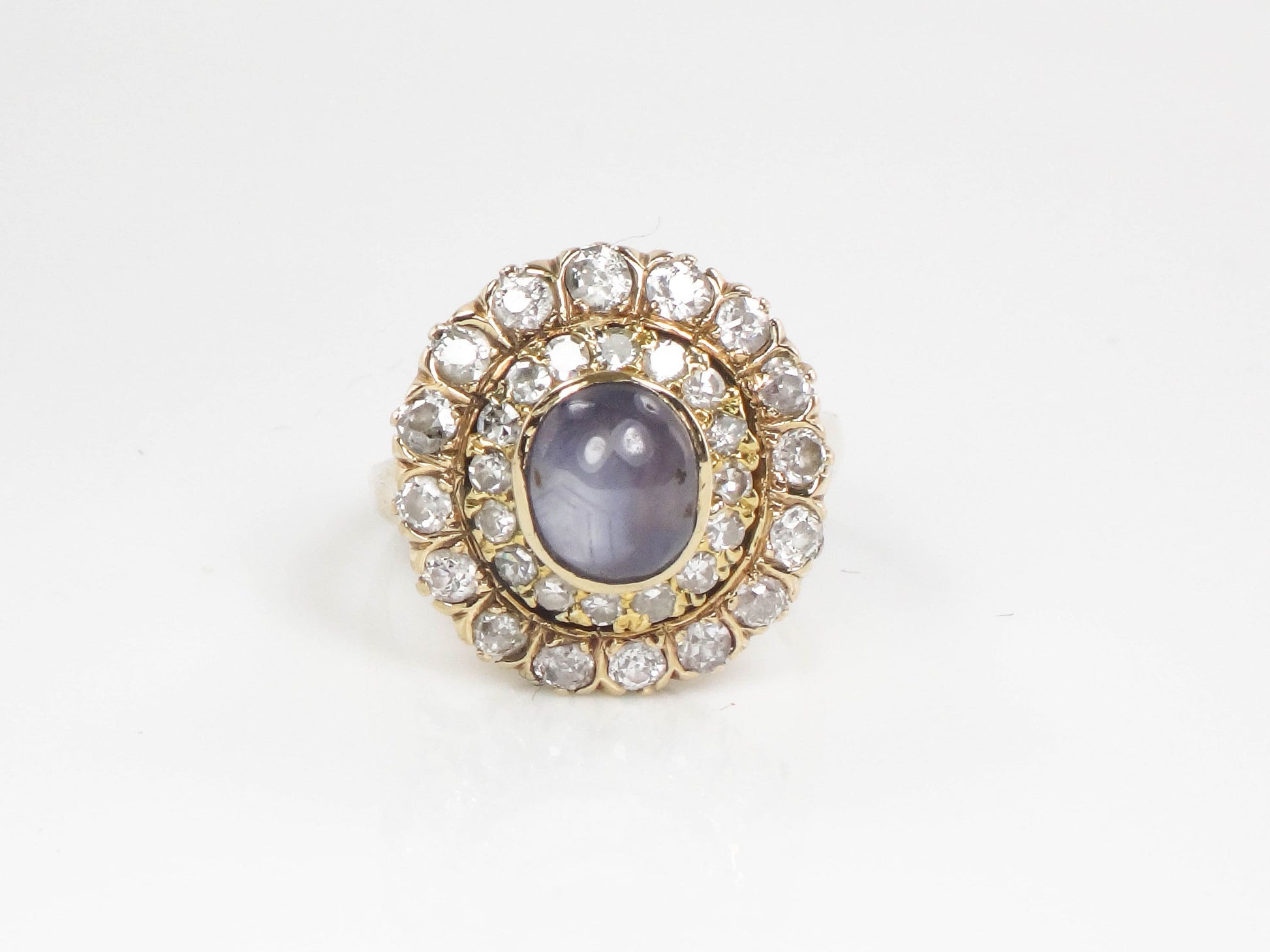 Vintage 14k Yellow Gold Natural Blue Star Sapphire and Diamond Halo Ring Size 7