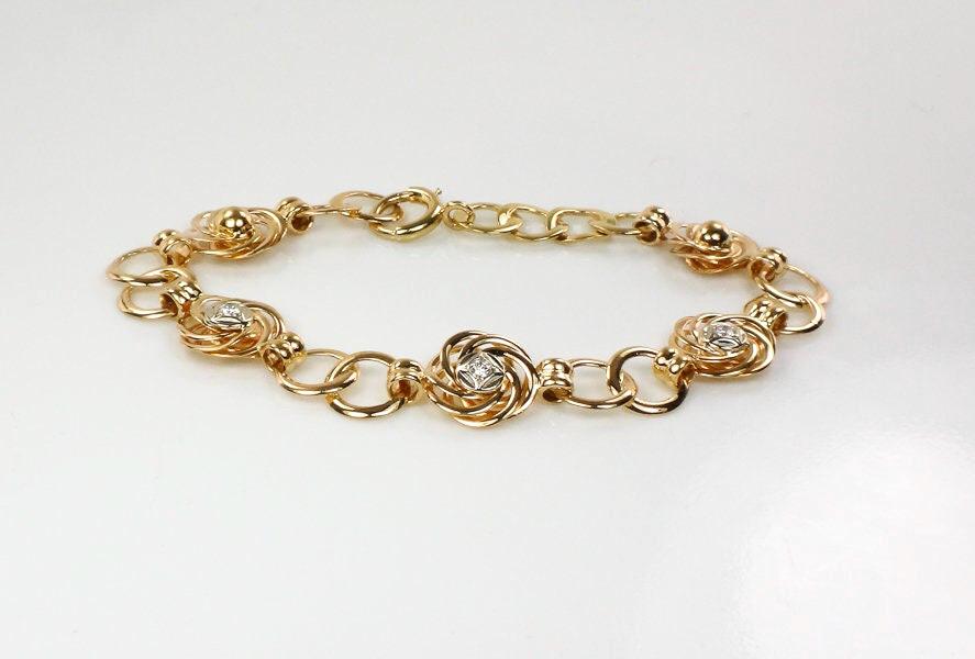 Vintage Retro 14k Yellow Gold Diamond Fancy Circle Link Bracelet 7.75"