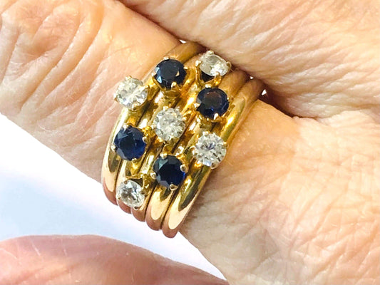 Vintage 18k Yellow Gold Diamond Sapphire Multi Band Ring - Size 7