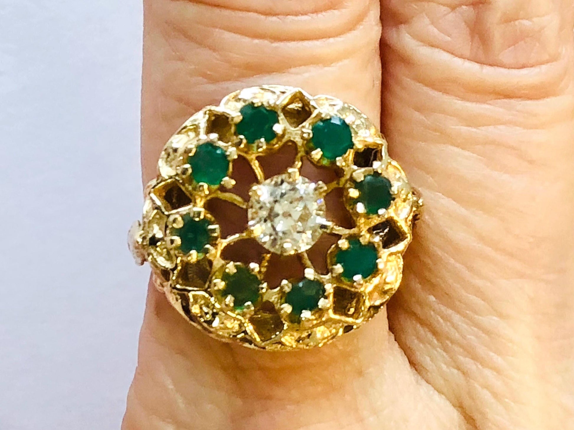 Vintage Old Mine Cut Diamond and Emerald Ring